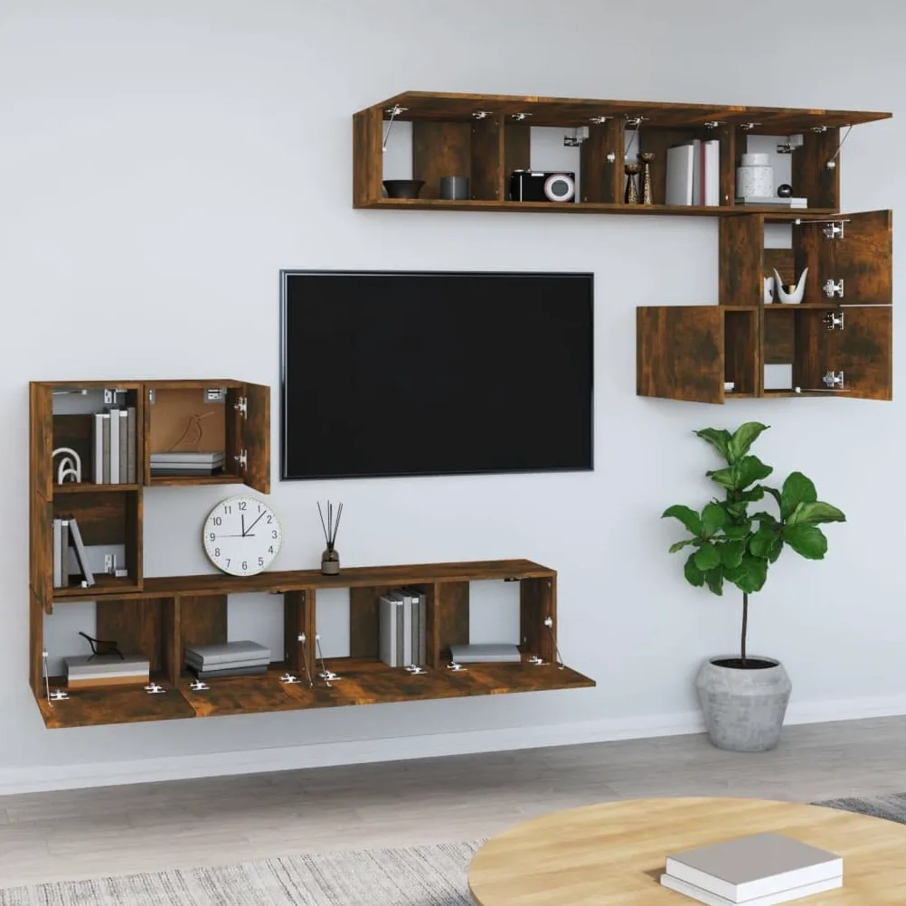 Mobile TV da parete in legno di rovere affumicato, mobile pensile decorativo per TV, con molto spazio per chiavi e blocchi appunti, superficie facile da pulire