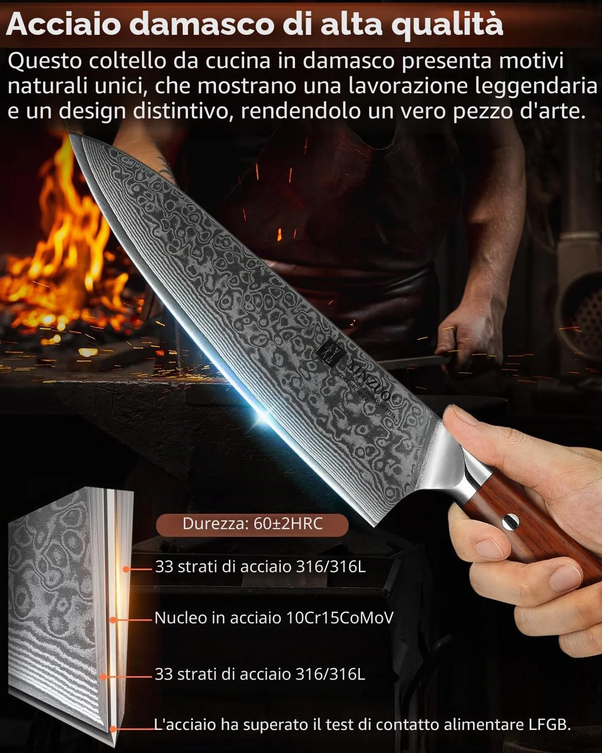XINZUO Coltello da Chef 21cm Professionale Gyuto 10Cr15CoMoV Acciaio Damasco Manico Legno di Rosa