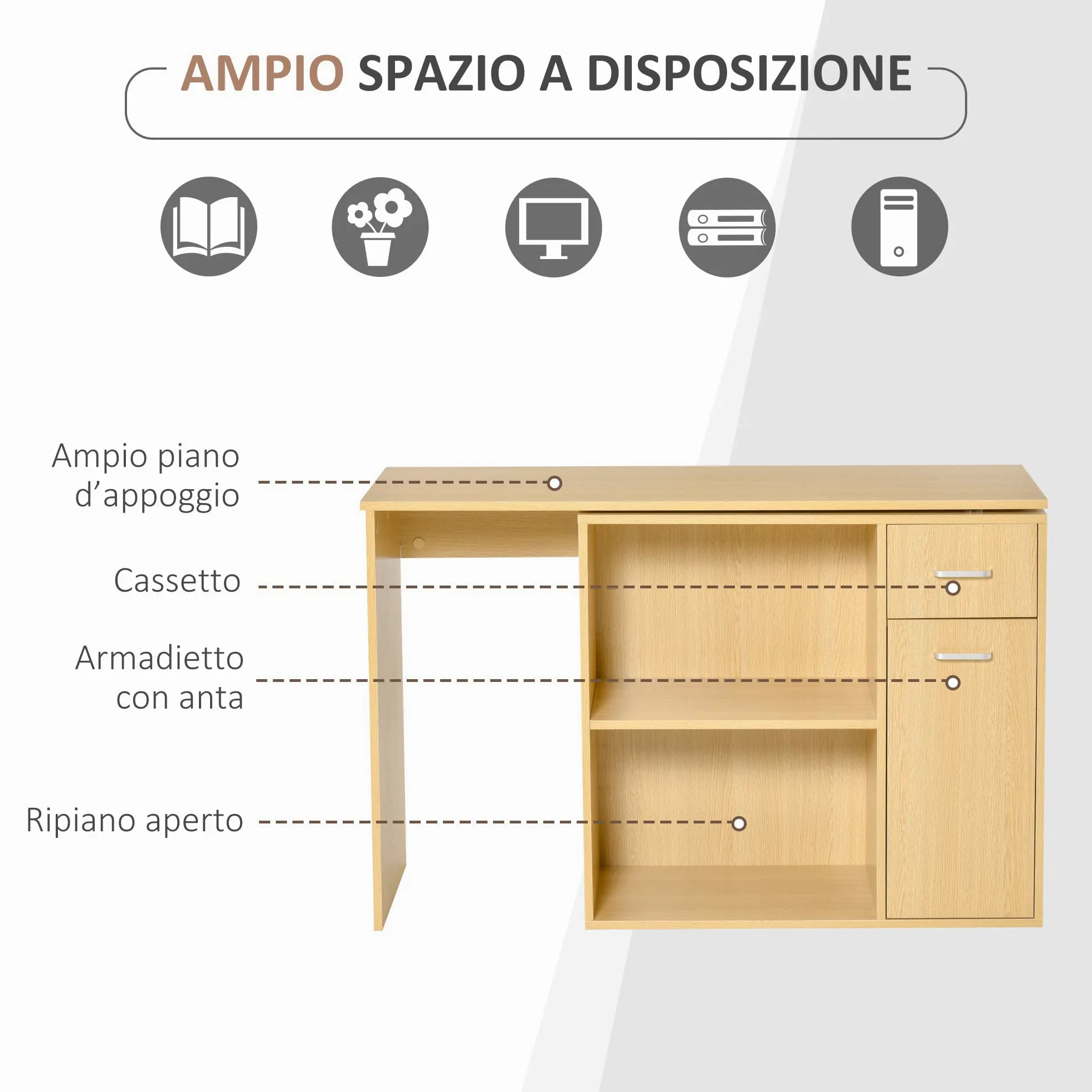 HOMCOM Scrivania Angolare per Studio 2 Cassetti 117x82x74cm Rovere Legno | per Ufficio, 2 Ripiani, Scrivania Moderna