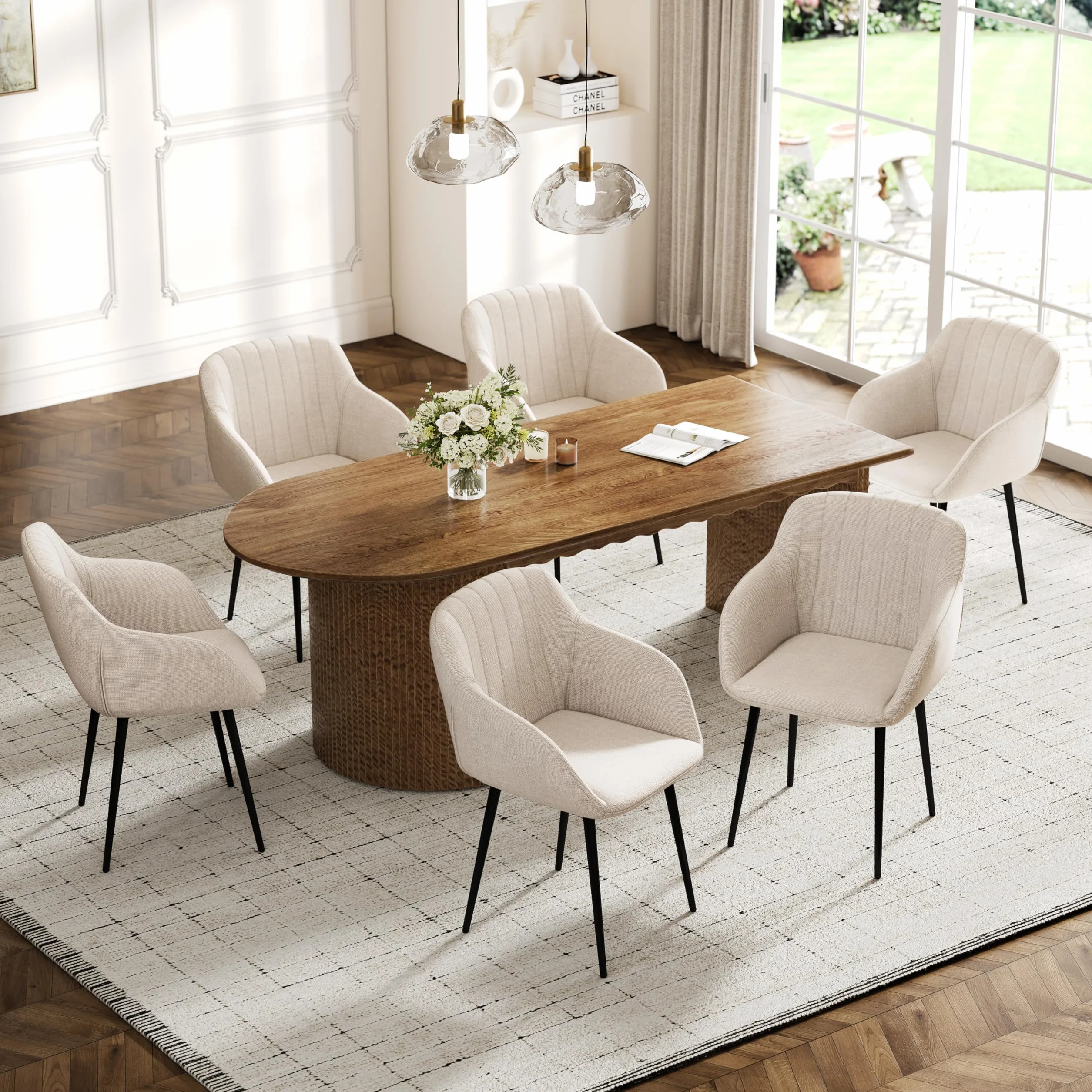 Set 6 Sedie da Pranzo Beige Imbottite con Braccioli, Poliestere, Gambe in Metallo – Cucina e Sala Moderna