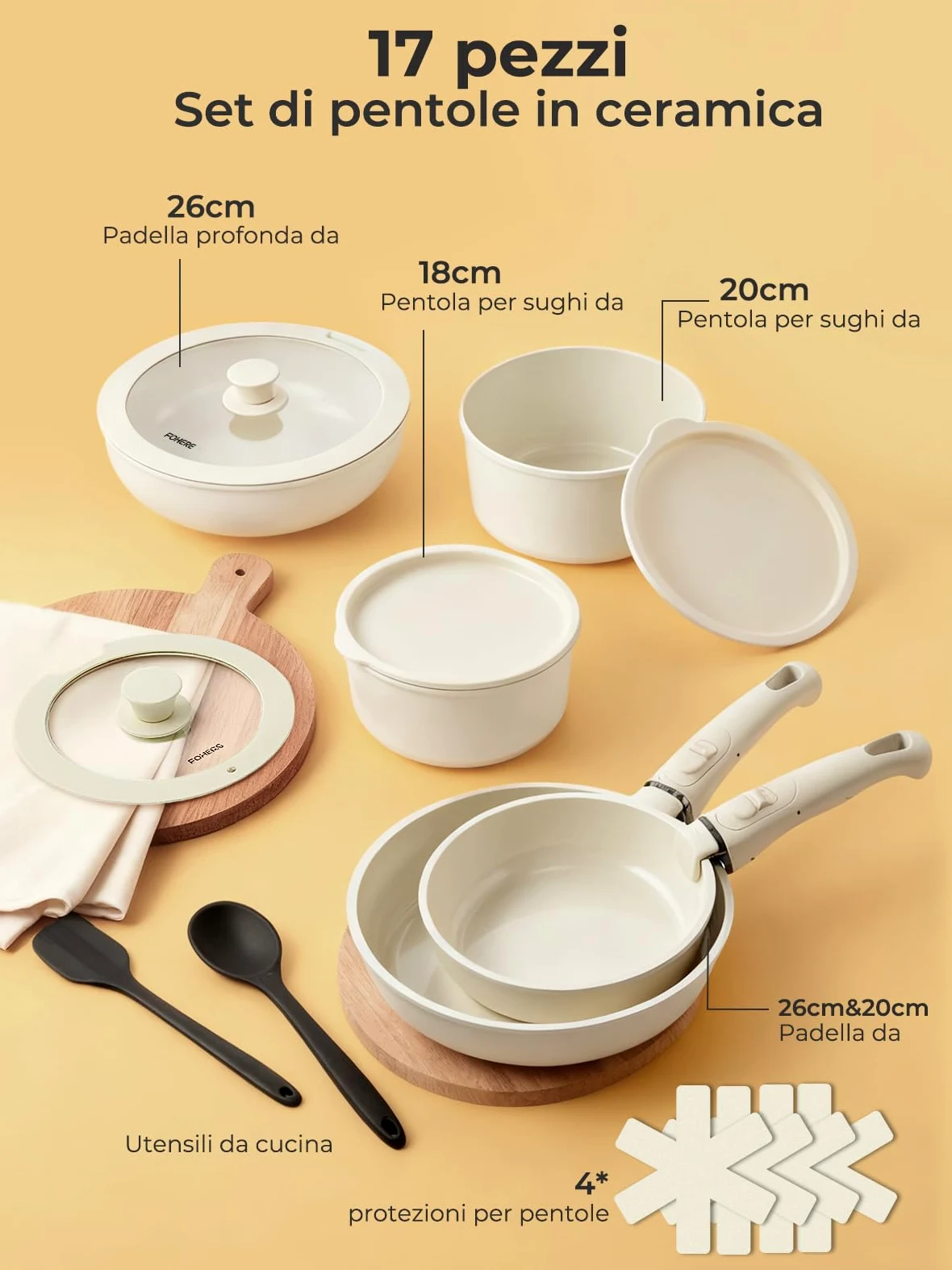 Set Di Pentole 17 Pezzi Con Manici Rimovibili, Padelle Ceramica Non Tossiche, Pentole Antiaderente, Impilabile Per Tutti I Piani Cottura, Adatto Al Forno, Impilabile E Lavabile In Lavastoviglie