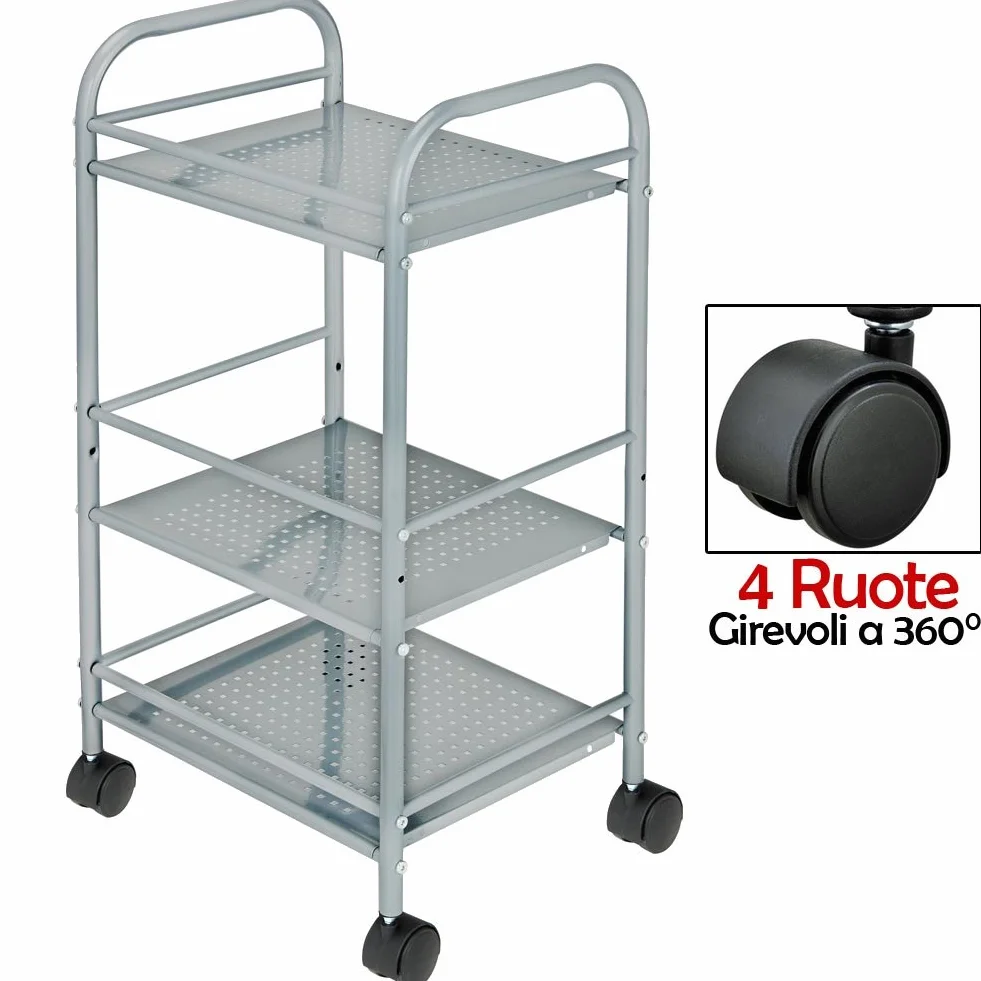 Carrello Portaoggetti in Metallo 3 Ripiani 4 Ruote Girevoli 40x35x75cm Argento