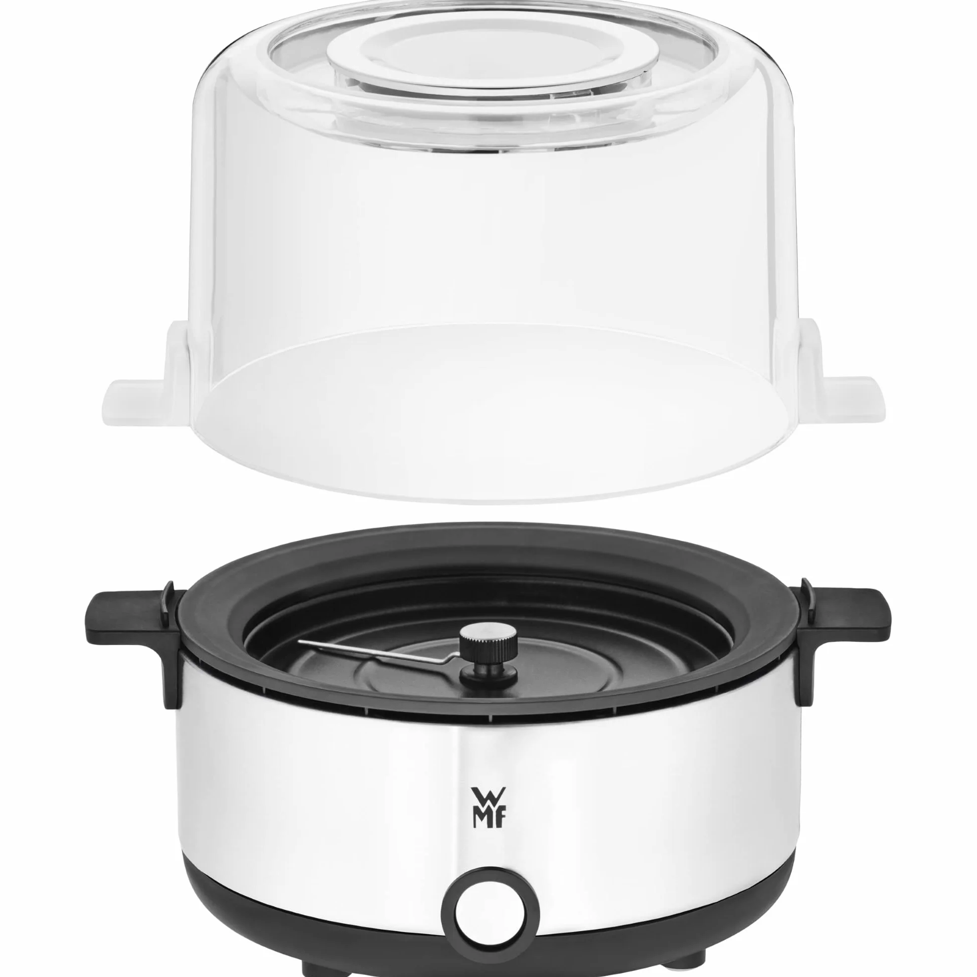 WMF KITCHENminis - Macchina per popcorn, piastra riscaldante rivestita, coperchio per servire, apertura per sciogliere il burro, preparazione con zucchero e sale, salvaspazio, in acciaio inox opaco