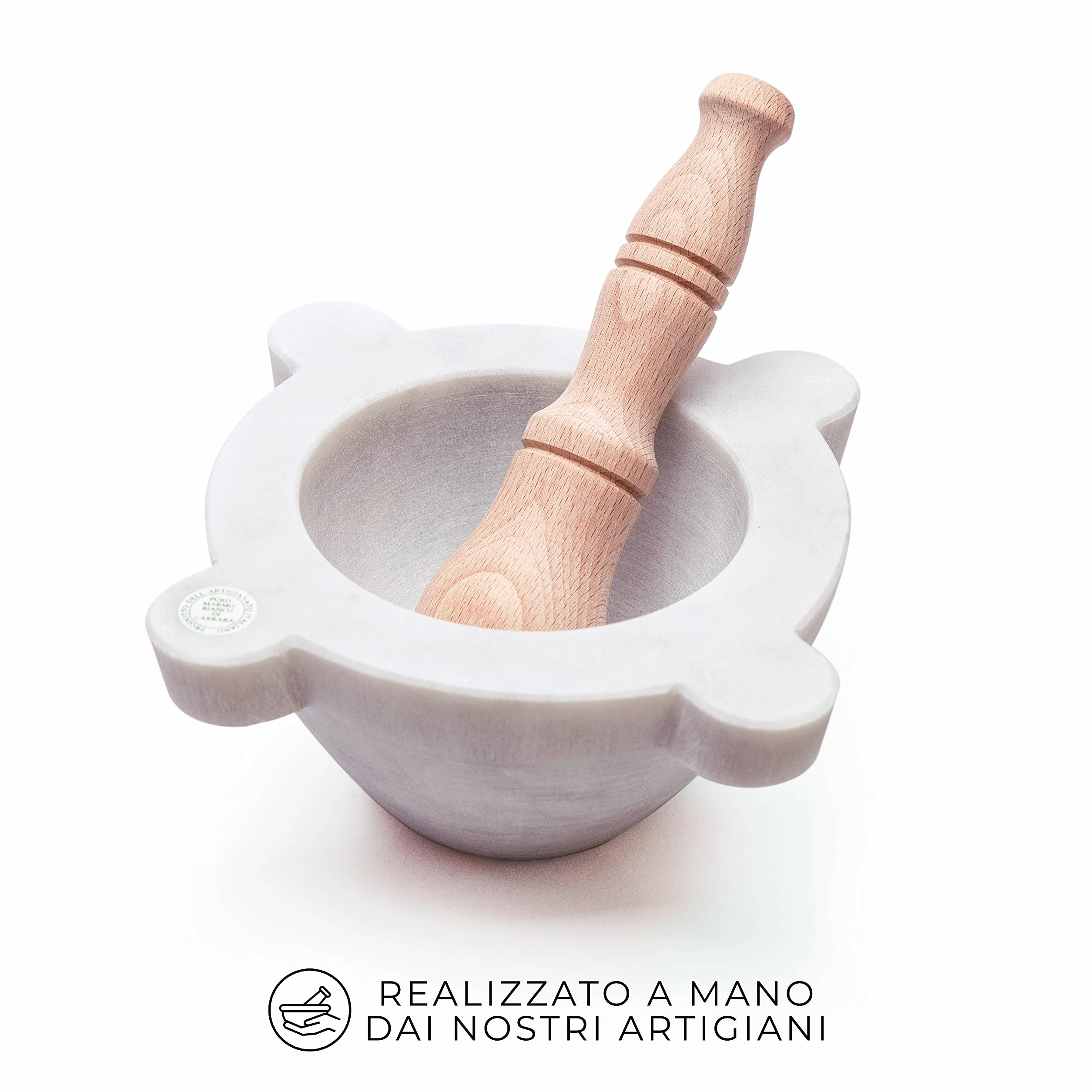 Mortaio Artigianale Bembo Marmo Bianco Carrara Pestello Legno Faggio Made in Italy Modello Genovese ø 20 cm