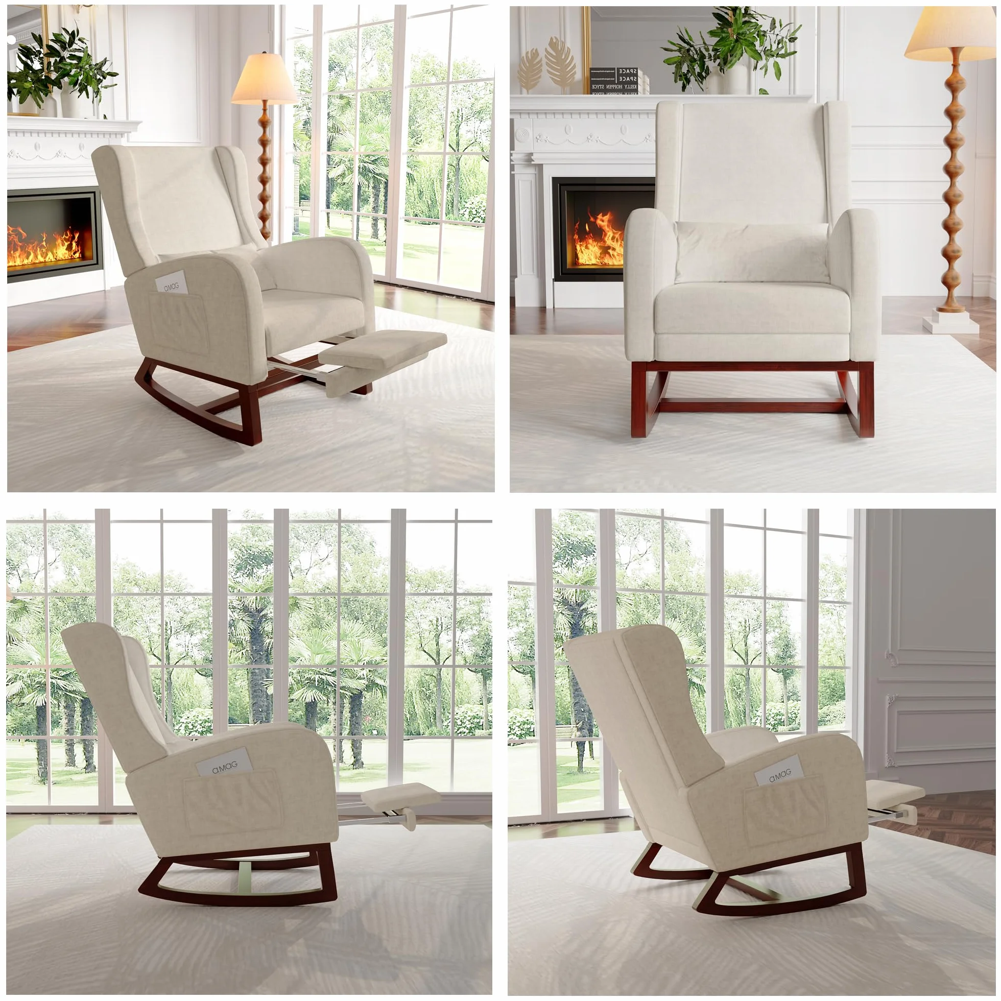 Generisch Sedia a dondolo con poggiapiedi estraibile, poltrona relax con schienale alto e cuscino lombare, poltrona con tasche laterali. Poltrona da lettura per soggiorno/camera da letto (lino, beige)