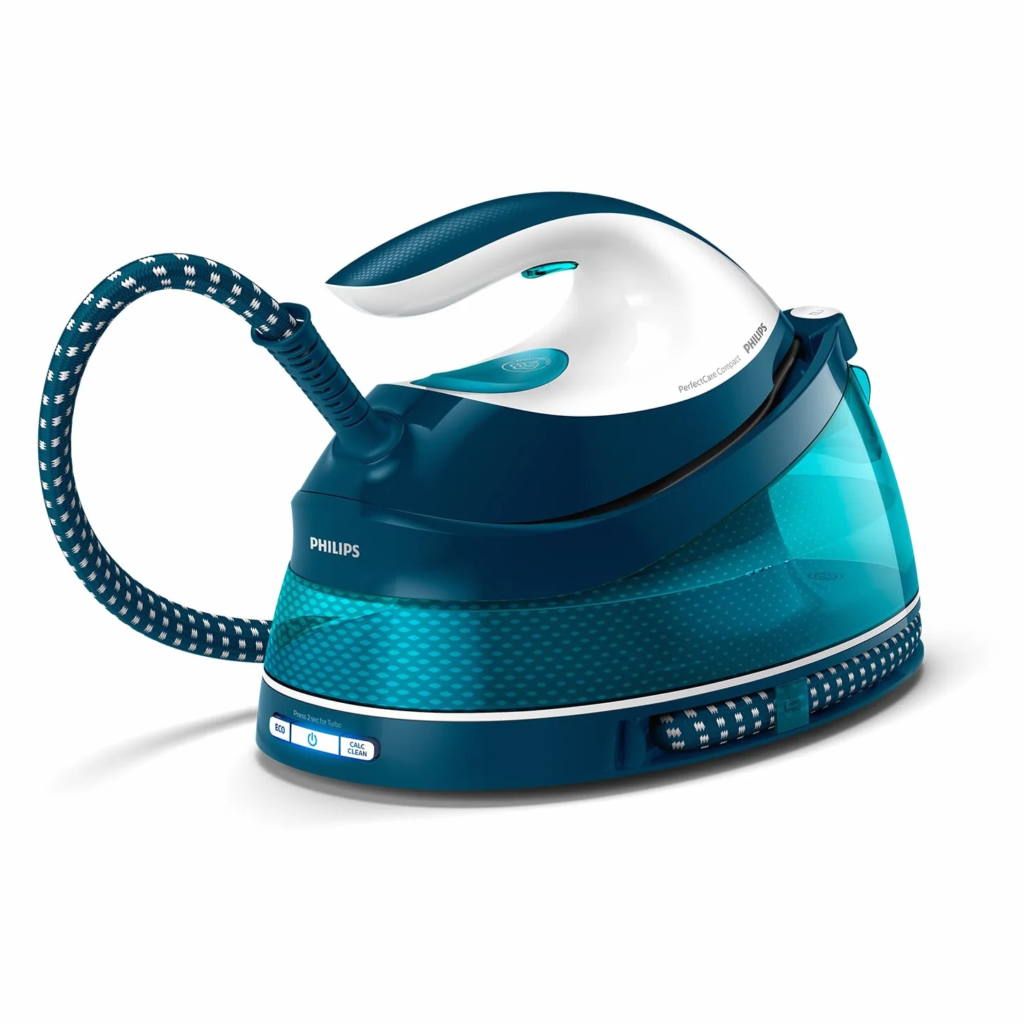 Philips PerfectCare Compact Ferro da Stiro con Caldaia - 2400W, Colpo di Vapore 400g, Pressione 6,5 Bar, Tecnologia OptimalTEMP, Serbatoio 1,5 l, Bianco/Blu (GC7844/20)