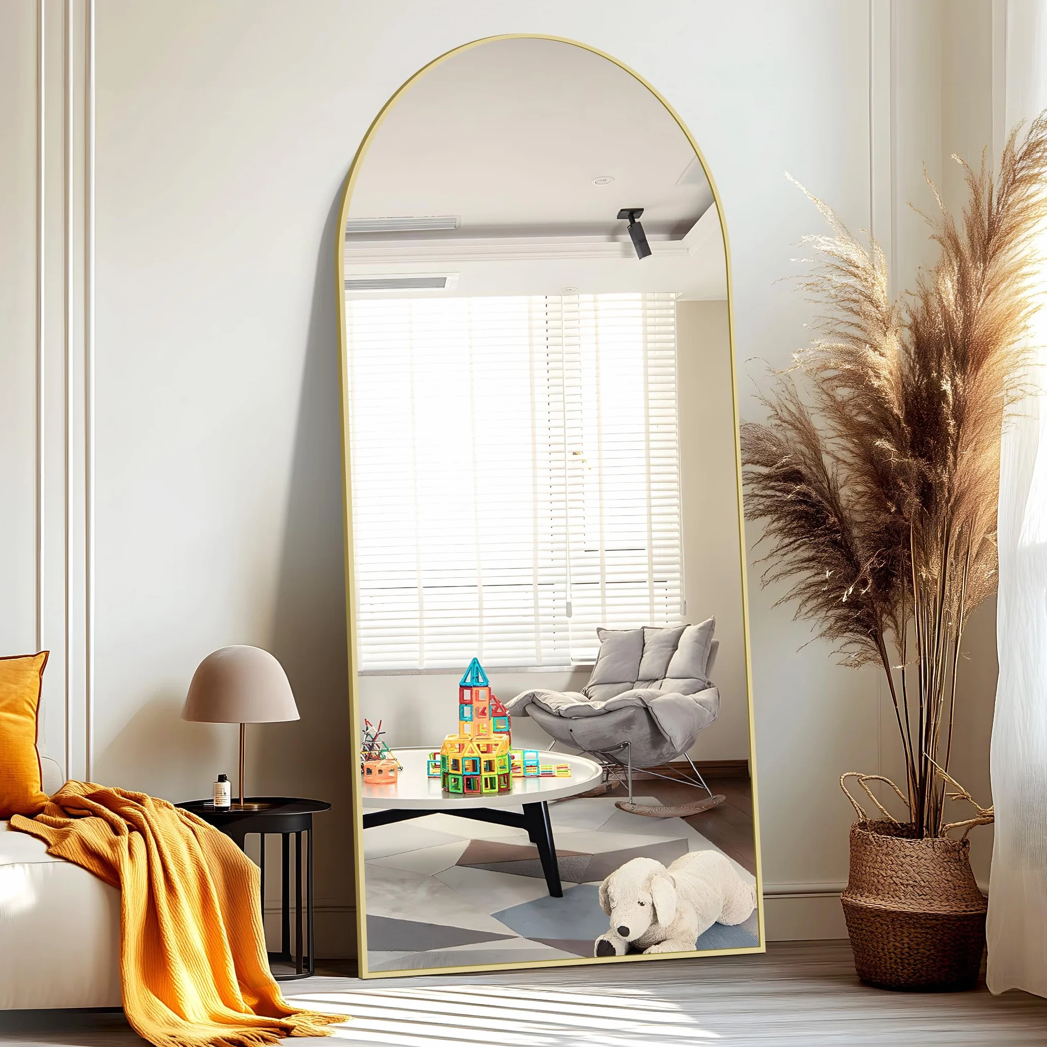 NASSYOU Specchio da Terra, 192 x 85 cm Specchio ad Arco con Cornice in Alluminio Oro per Bagno, Camera da Letto, Ingresso e Corridoio