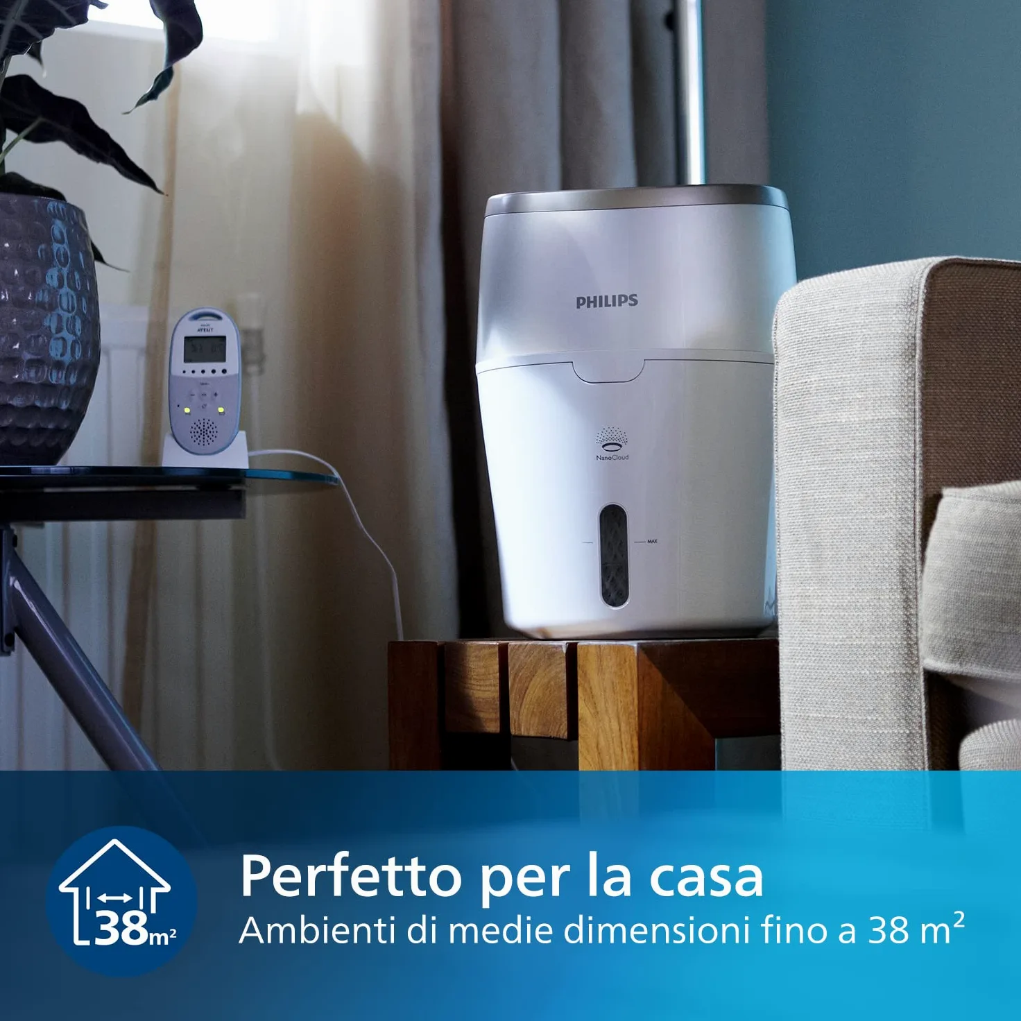 Umidificatore d'aria Philips serie 2000 - Umidificatore per ambienti 38 m², NanoCloud, 2 velocità, serbatoio da 2 litri (HU4811/10), 220-240 V || 50/60 Hz || 15W