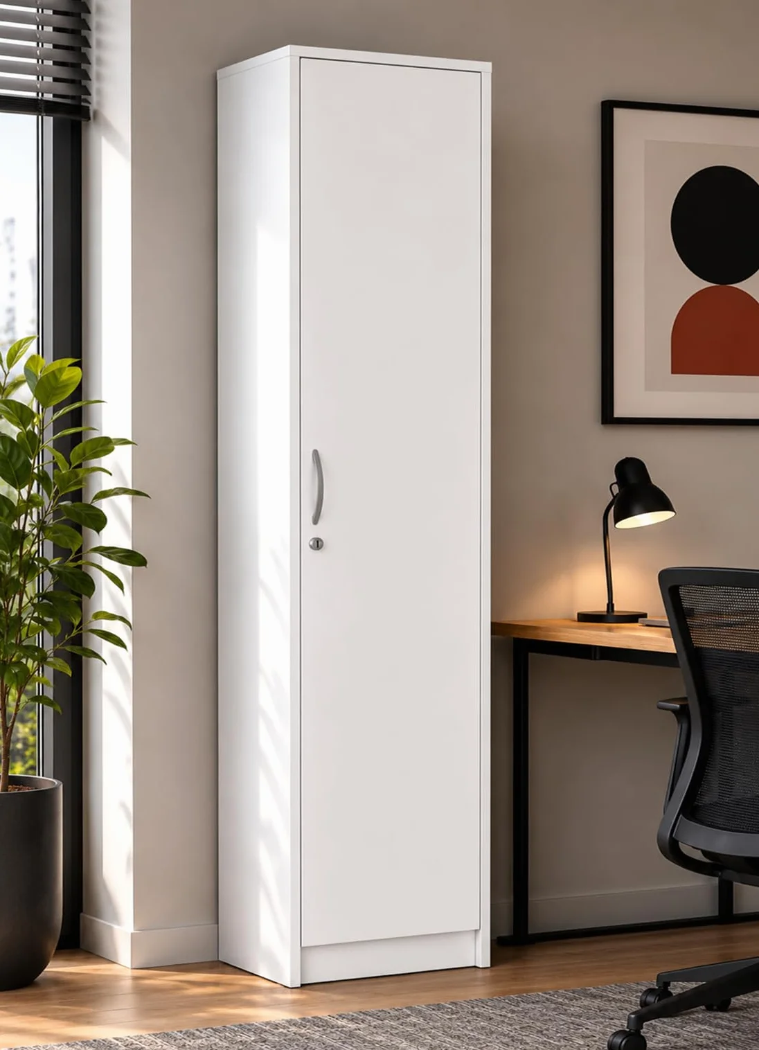 Armadio per ufficio con serratura, armadietto per documenti, libreria per ufficio con 1 porta e 5 scomparti, armadietto universale per ufficio e casa 180x44,5x35 cm (Bianco)