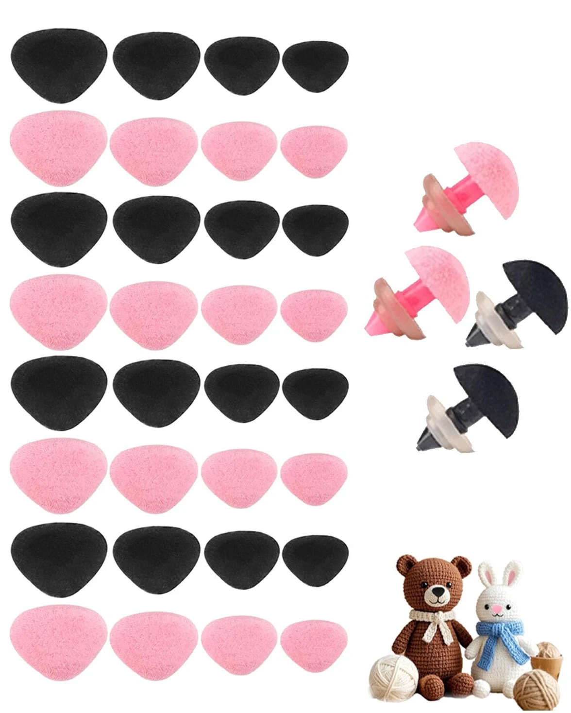 32 Pezzi Nasi di Sicurezza per Animali all'Uncinetto, Naso con Floccatura di Sicurezza per Animali di Peluche Nero Rosa, Naso Giocattolo con Rondelle