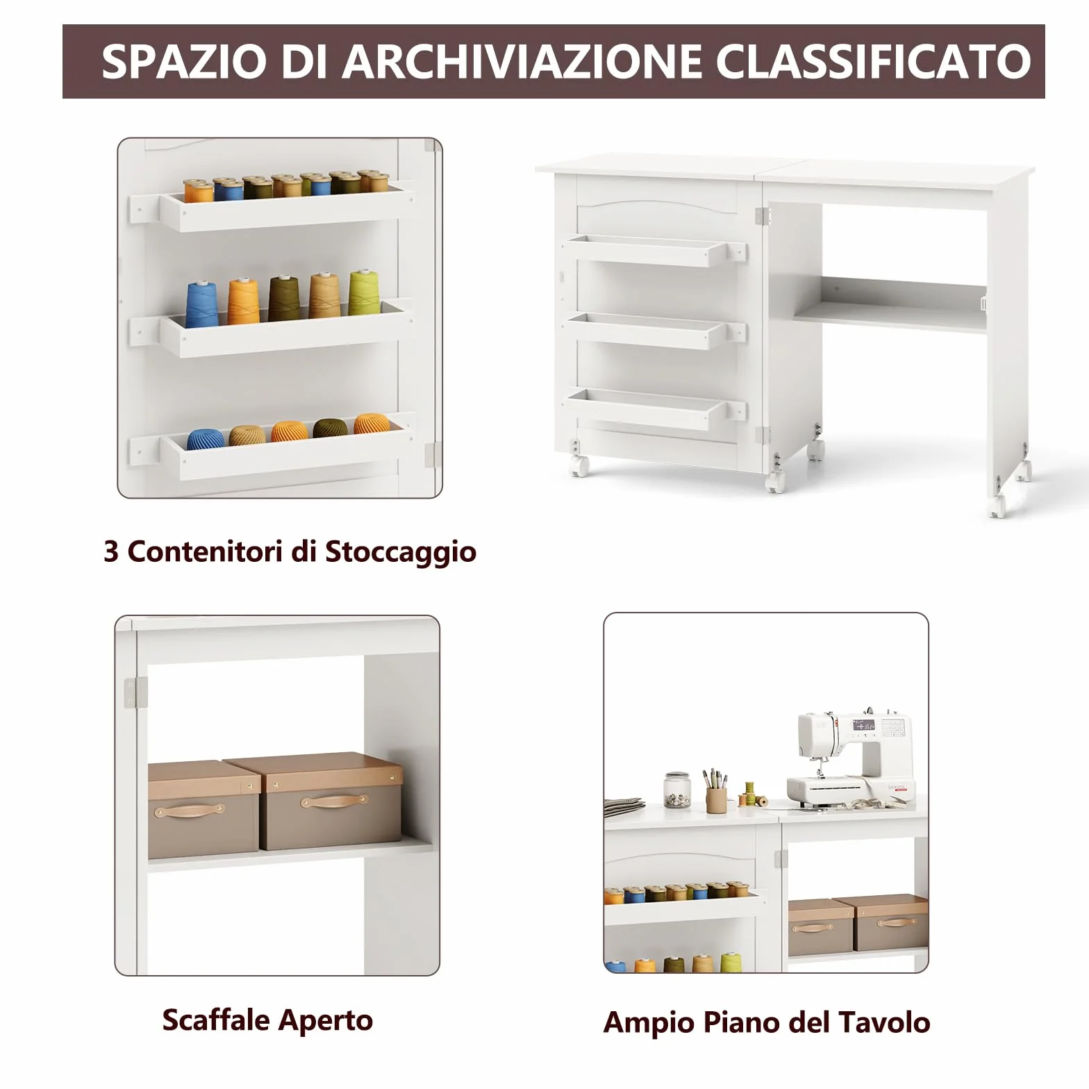 RELAX4LIFE Mobiletto per Macchina da Cucire Pieghevole su Ruote Bloccabili, Tavolo da Cucito in Legno con Ripiani Portaoggetti, Tavolino Cucito Multiuso da Studio e Salotto, 117,5x 40x 77cm (Bianco)