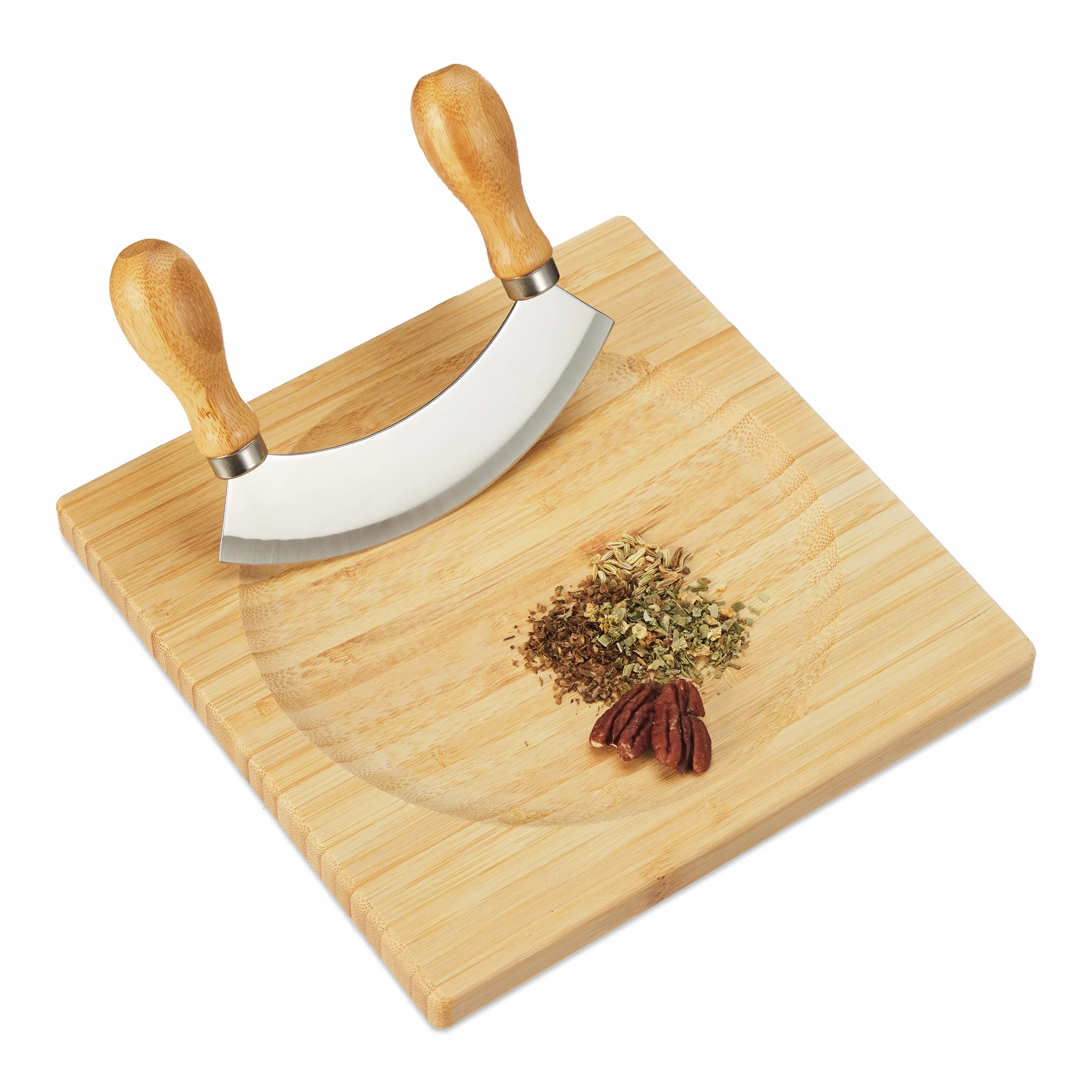 Relaxdays Mezzaluna con Tagliere 20 x 20 cm, Coltello a Monolama Trita Erbe, Acciaio Inox e bambù, Naturale Argentato