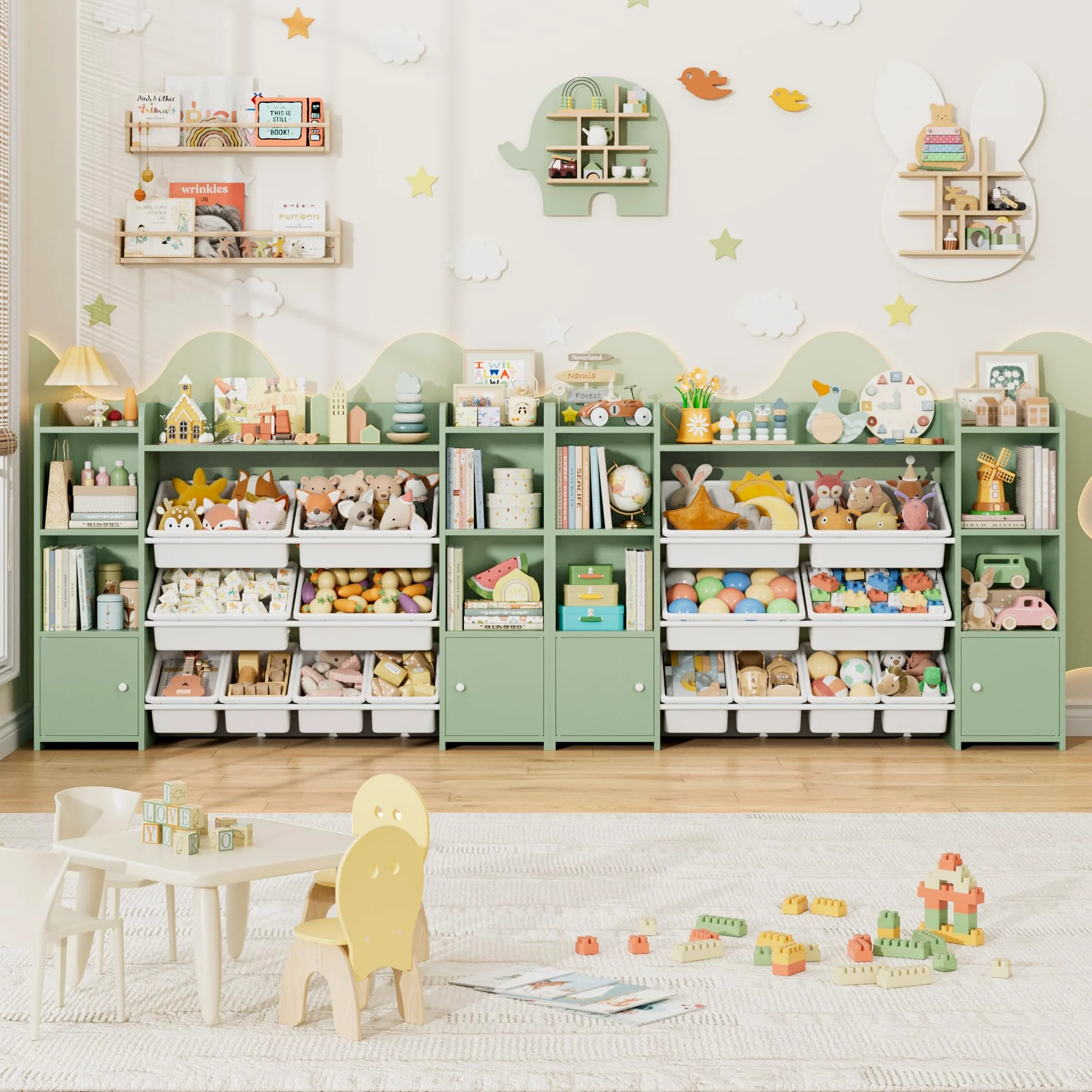 FOREHILL Scaffale per Giocattoli con 8 Contenitori Rimovibili in Plastica,Organizzatore Libreria per Bambini con Mensola Aperti, per Camera dei Giochi, 138.8 x94.3x29.6cm (Verde)