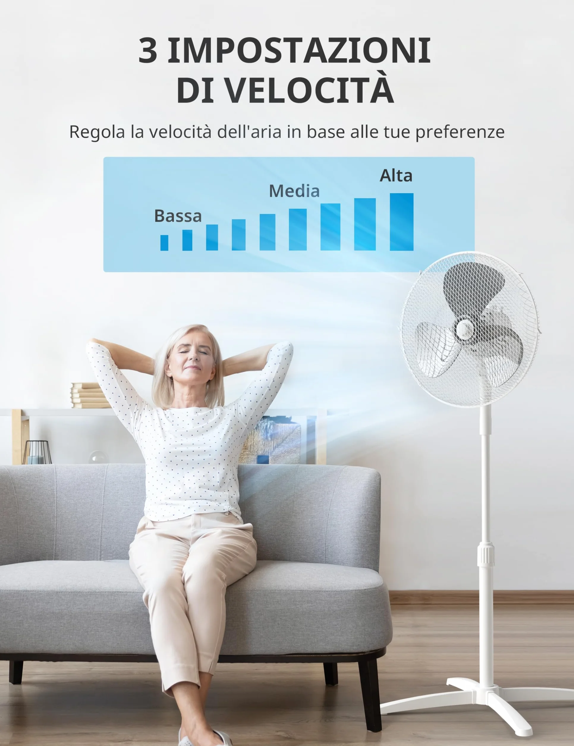 COMFEE' CFS40PW00A2 40W Ventilatore a Piantana, 3 Velocità Regolabili, Oscillazione 90°, Altezza Regolabile, Flusso d'Aria Potente e Funzionamento Silenzioso, Ideale per Casa e Ufficio, Bianco