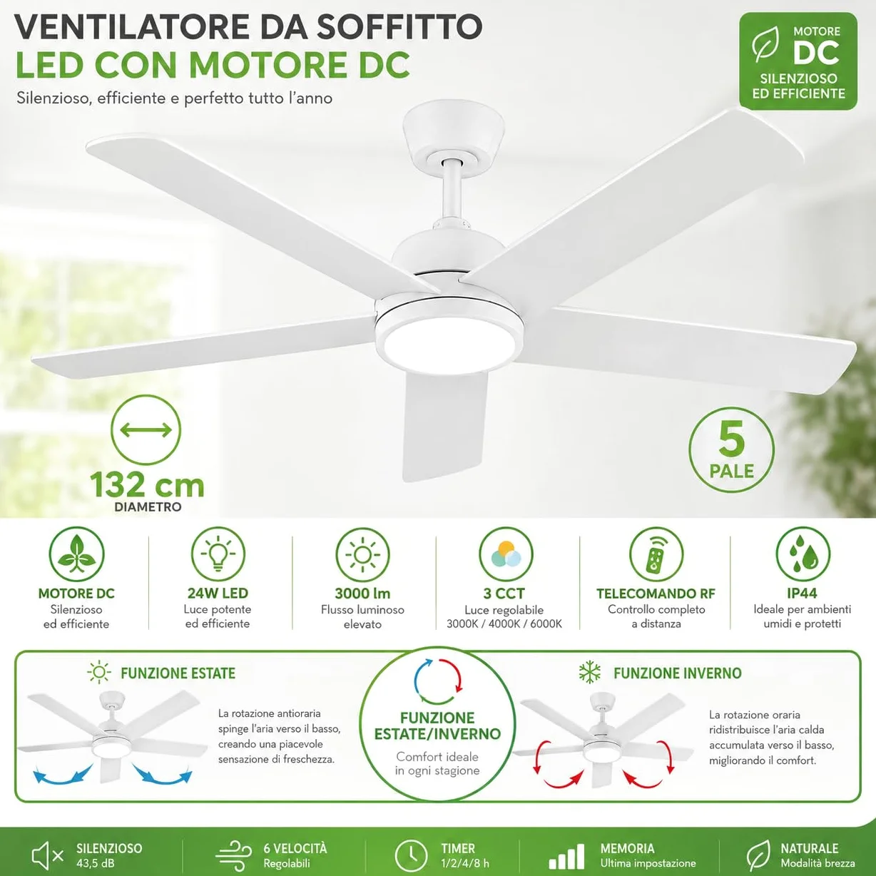 ON FREDO Ventilatore da Soffitto con Luce LED Regolabile, per Interno e Esterno, Motore Silenzioso e Telecomando - Bianco