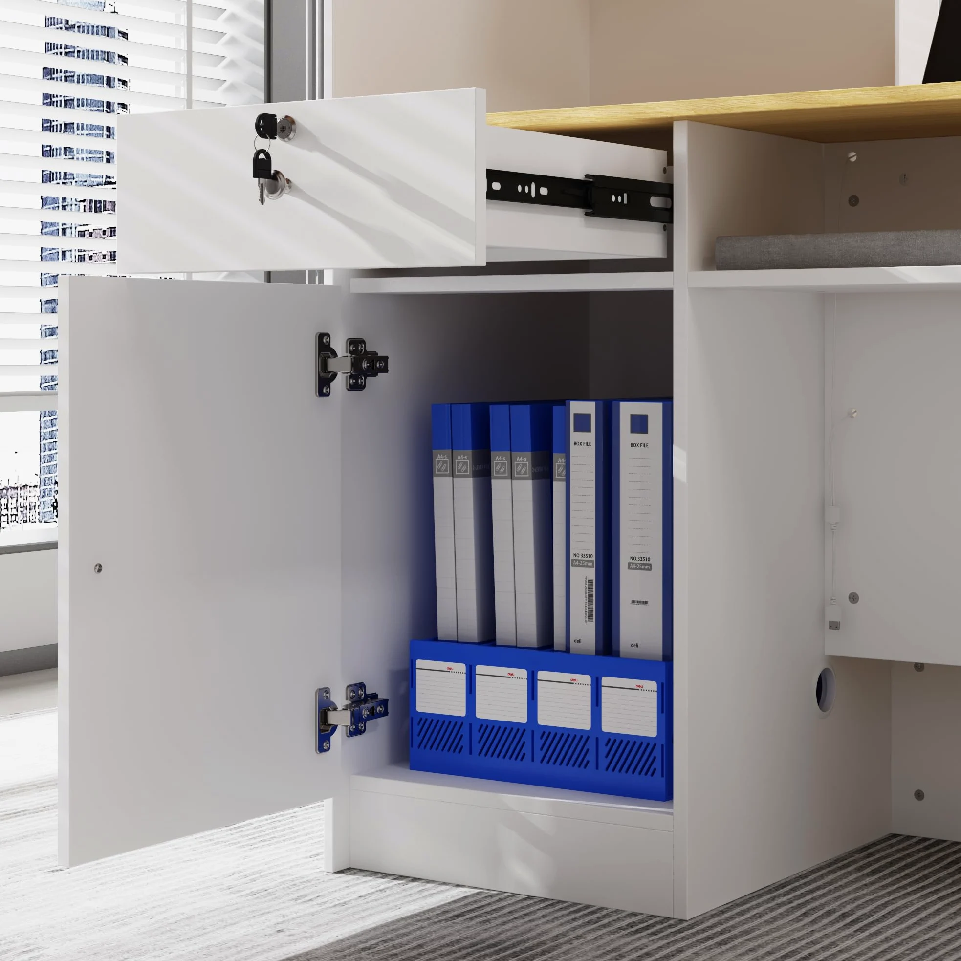 Banco reception, tavolo da reception, bancone con illuminazione a 3 colori, tavolo reception con 1 cassetto e 1 armadio, bancone con area espositiva aperta con 2 scomparti bianco + legno naturale