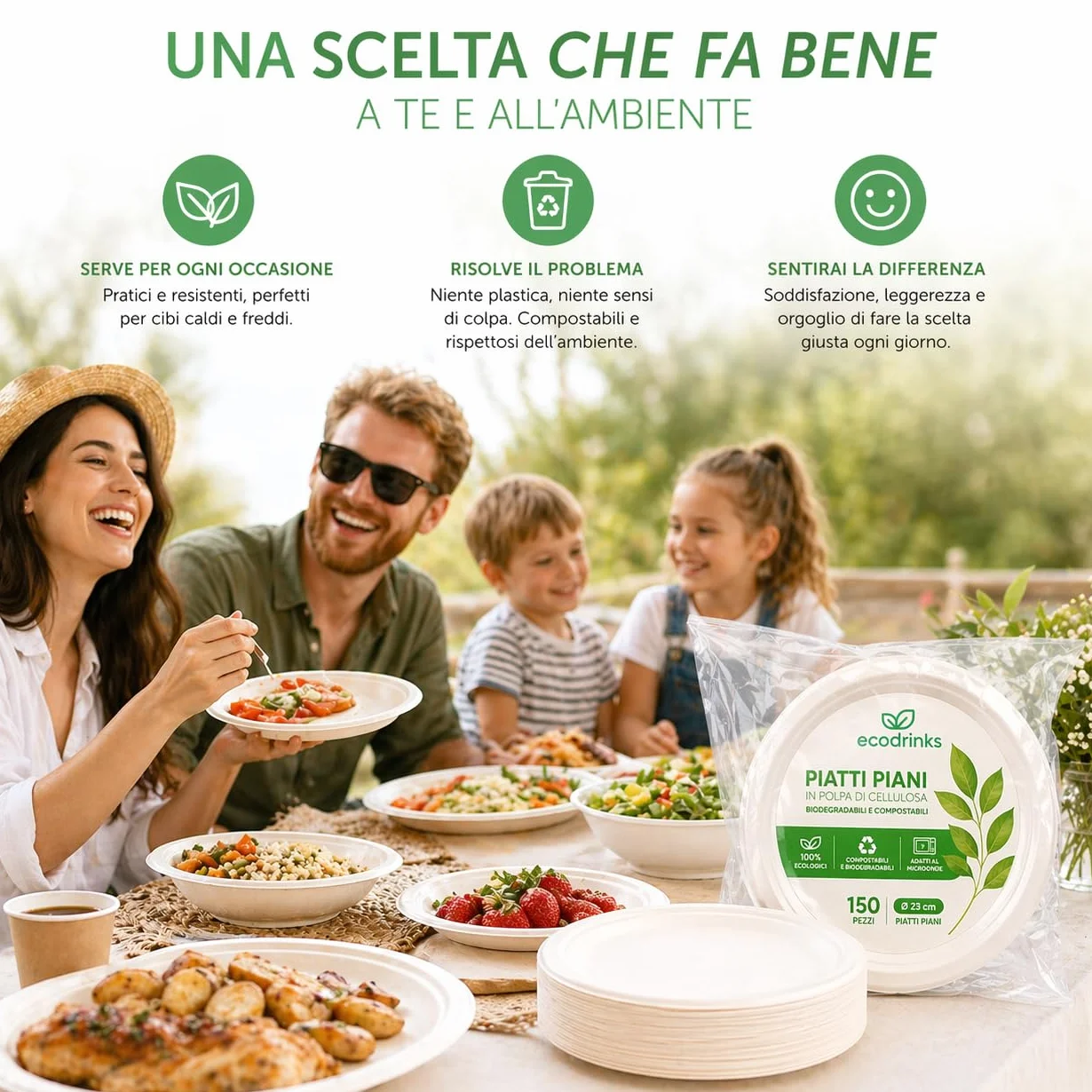 Piatti di Carta Compostabili 23 cm - Cellulosa Naturale Biodegradabile, Usa e Getta