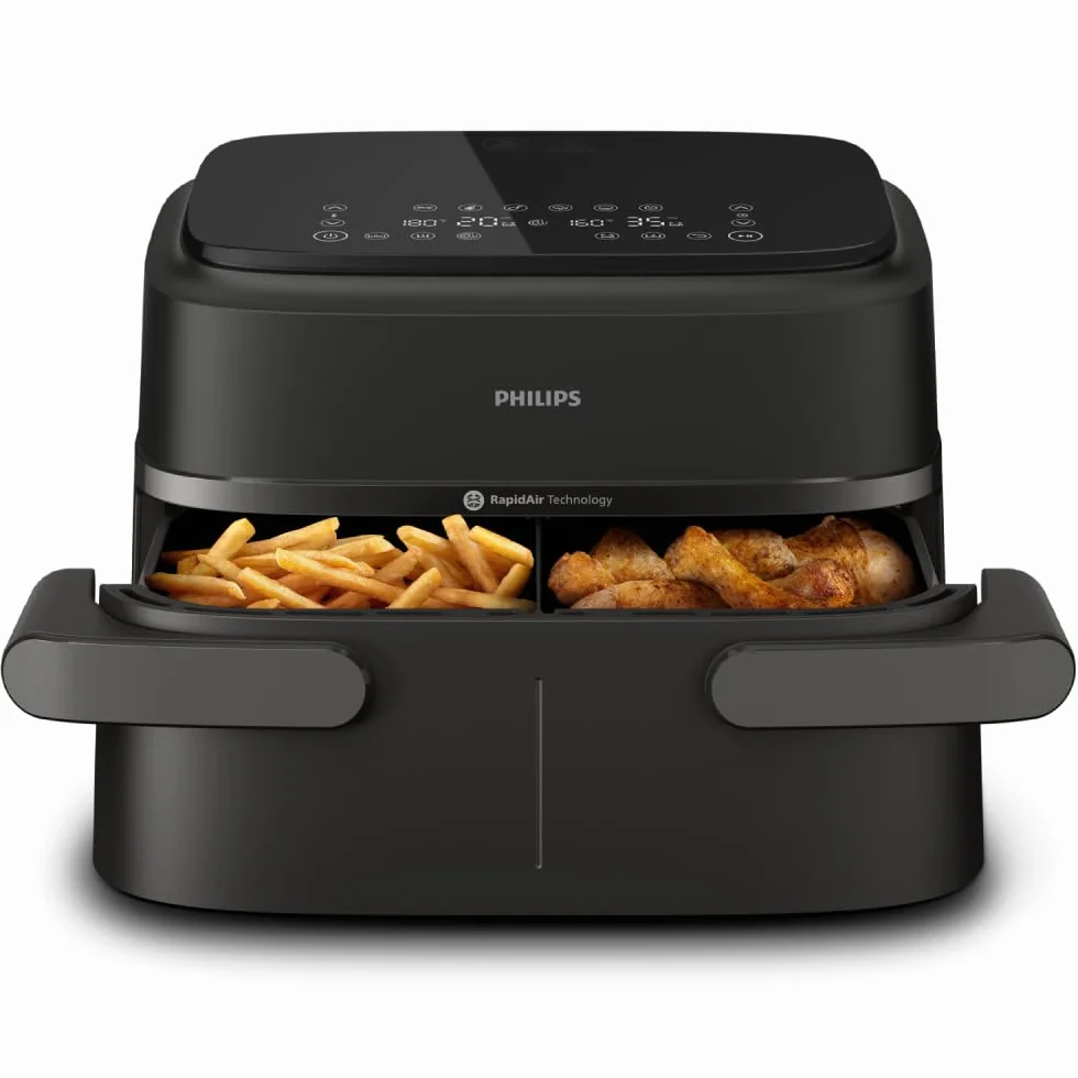 Philips Airfryer Serie 1000, Friggitrice ad aria con singolo/doppio cestello flexi da 7.1L e separatore, doppia resistenza e termostasti separati, RapidAir, 10 modalità, compatto, HomeID (NA154/00)