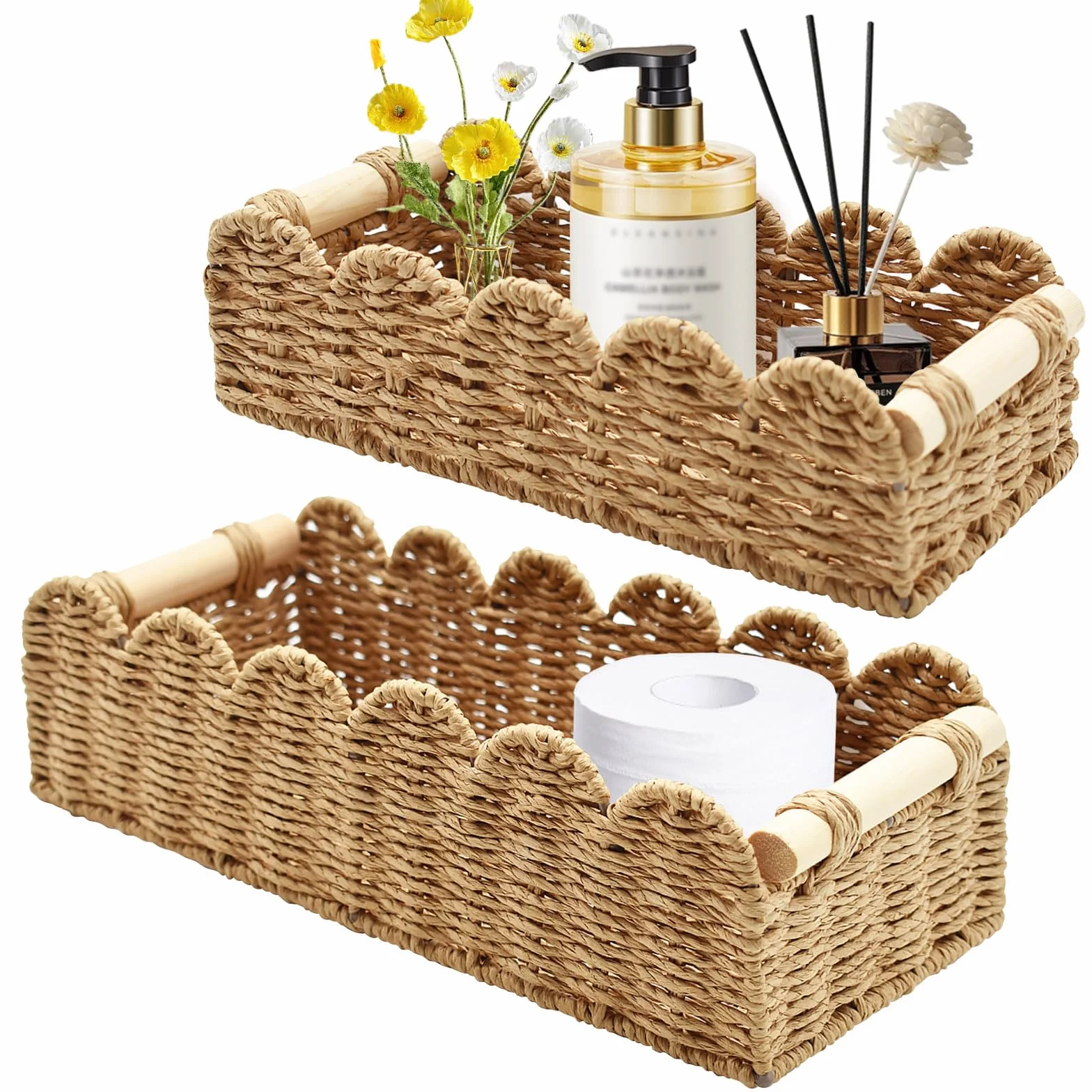 Cestini Portaoggetti in Vimini con Manici in Legno, Cesto Porta Carta Igienica Intrecciata, Organizer per Cucina Bagno Ufficio