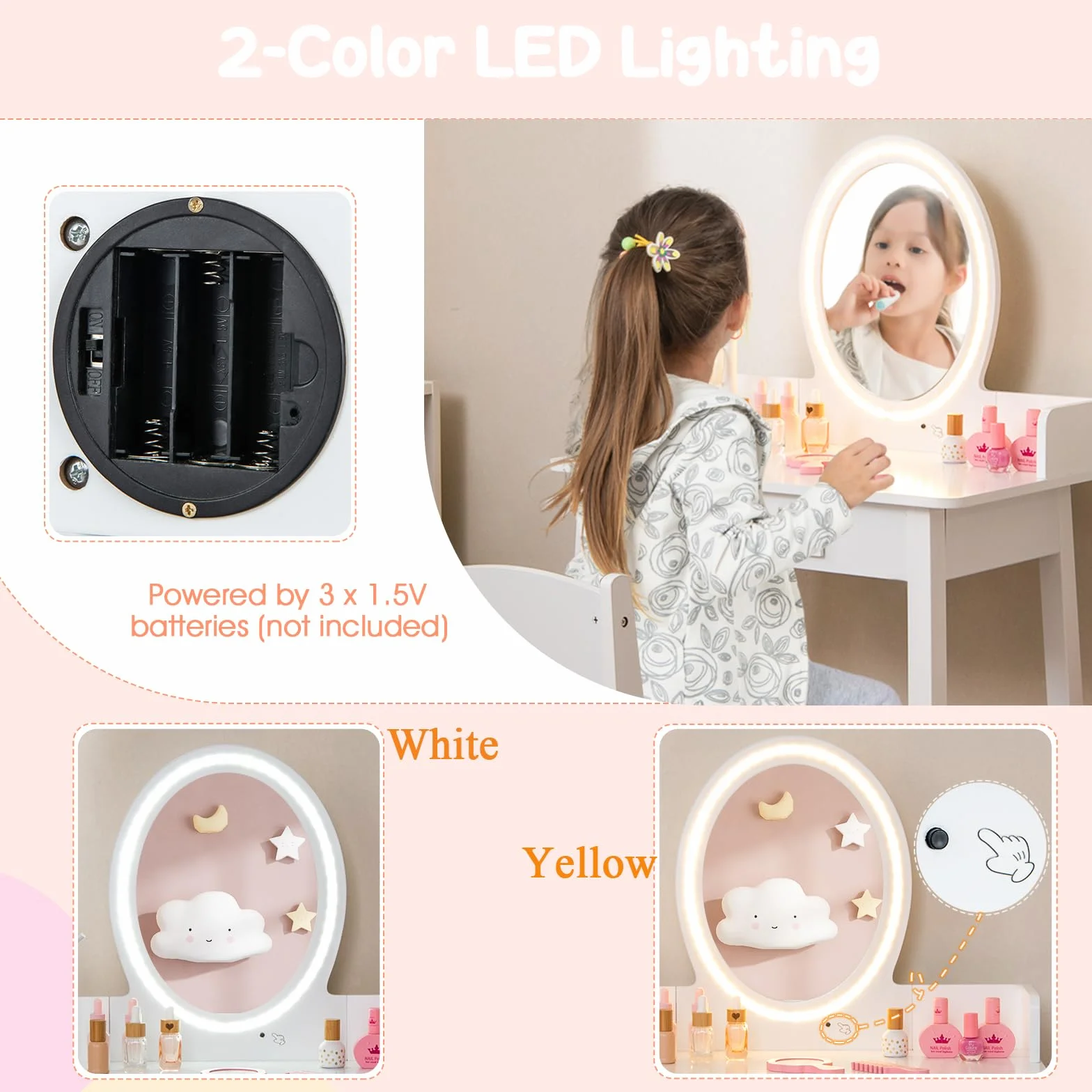 LIFEZEAL Toeletta per Bambini con Sedia e Specchio LED a 2 Colori, Tavolo da Trucco per Ragazze con Cassetto e Organizer a Forma di Albero, Set da Scrivania per Bambini dai 3 a 8 Anni