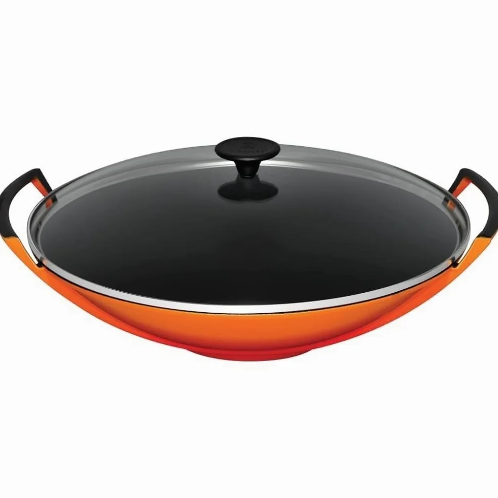 LE CREUSET Wok in Ghisa Vetrificata con Coperchio Vetro, Diametro 36 cm, 4.5 L, Arancione, 25304360900460