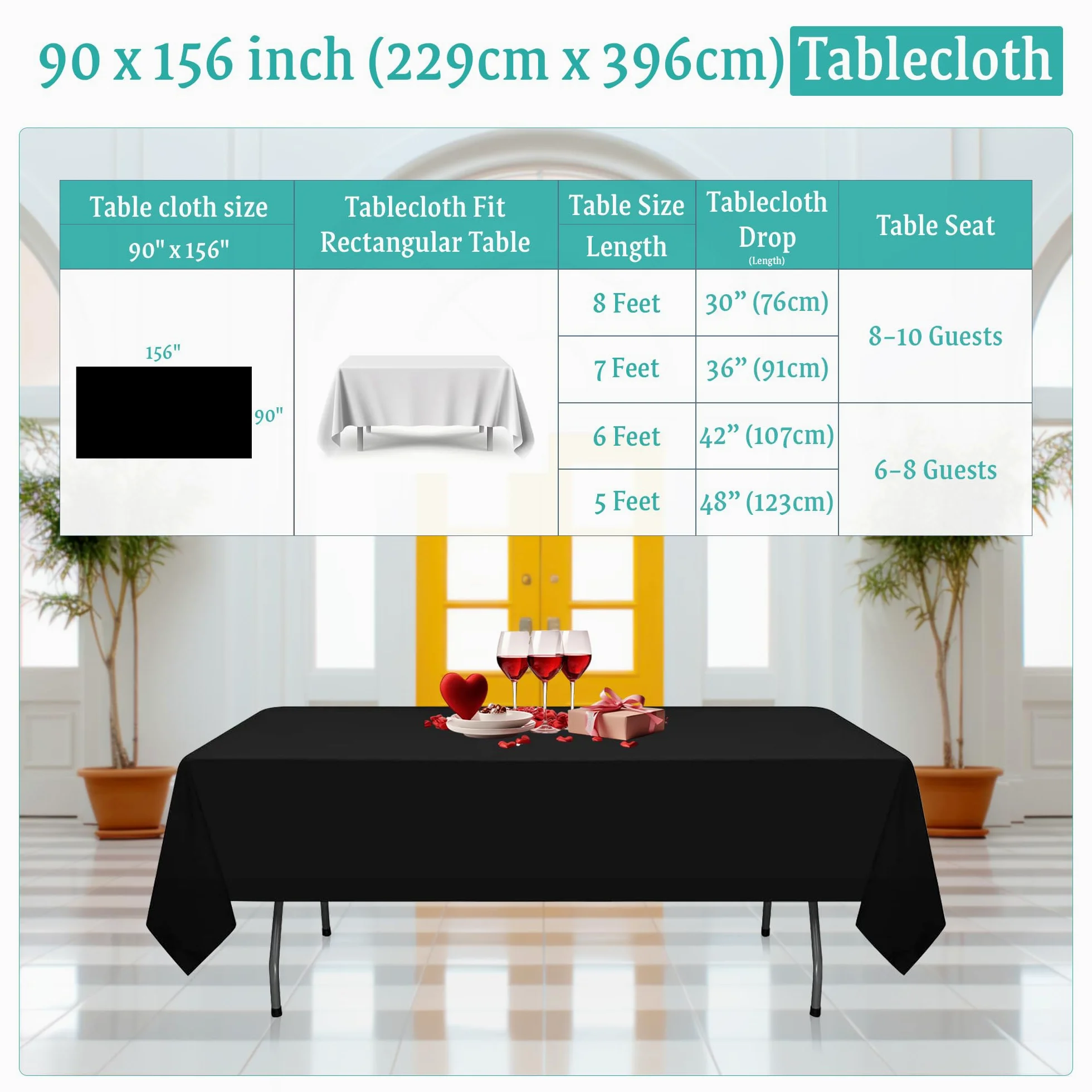 Trimming Shop Tovaglia rettangolare in poliestere nero, 228,6 x 396,2 cm, tovaglia in tessuto lavabile per tavolo da pranzo, banchetti, matrimoni, Natale, compleanni, feste, 10 pezzi