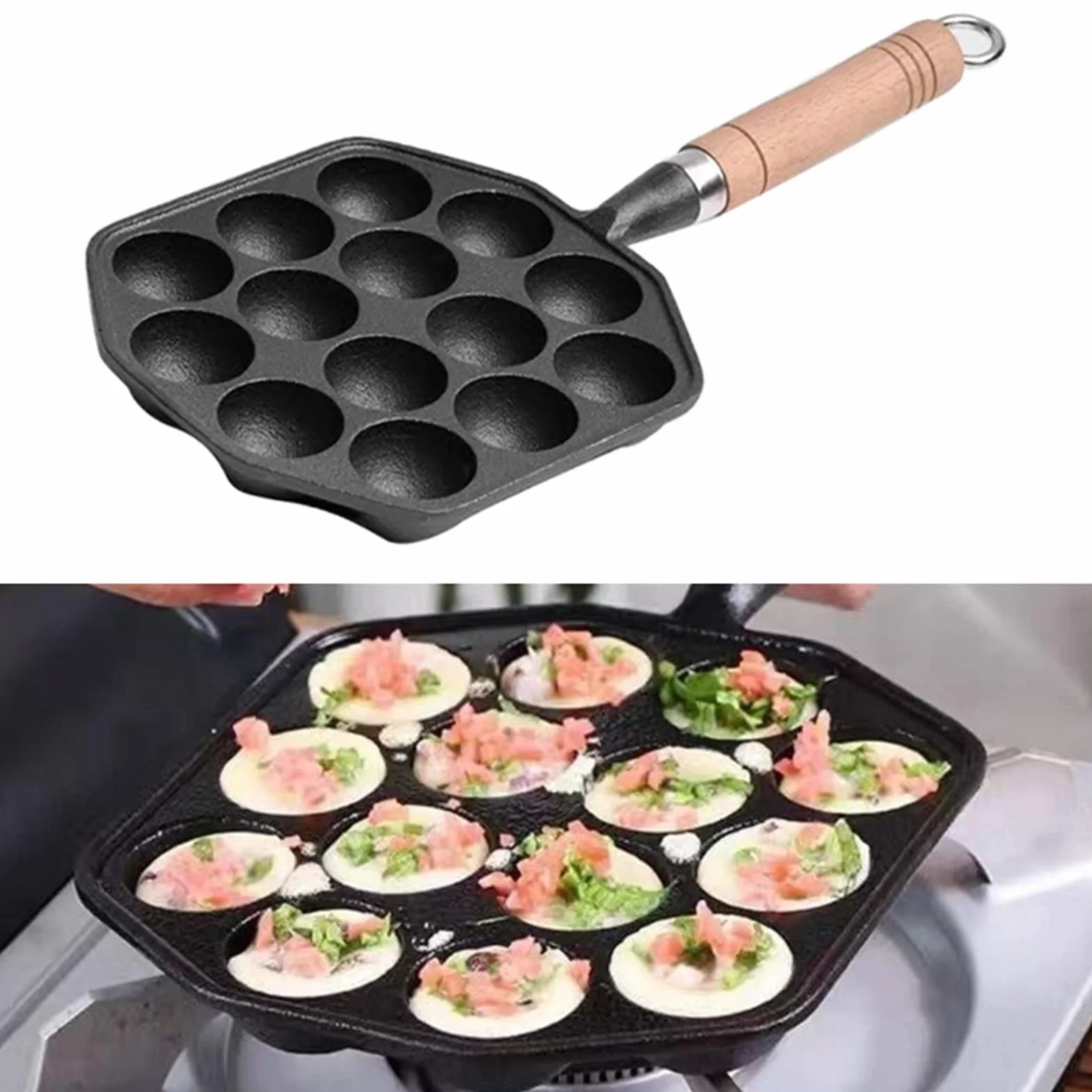Antiaderente Ghisa Takoyaki Pan 14 Fori con Manico Staccabile