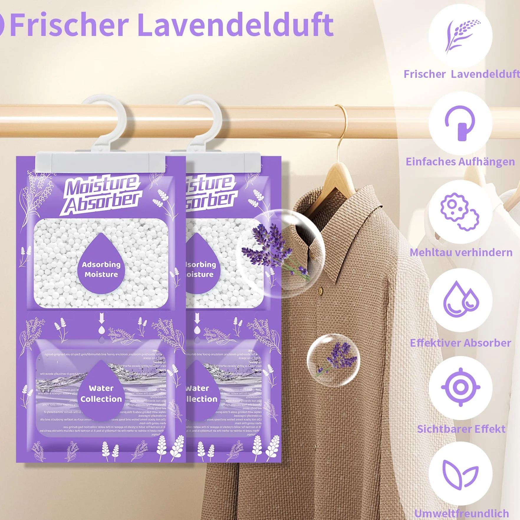 20 x 230 g, deumidificatore sospeso, con profumo, assorbitore di umidità per cantina, camera da letto, lavanderia, anti-umidità, anti-muffa, sacchetto di essiccante – lavanda