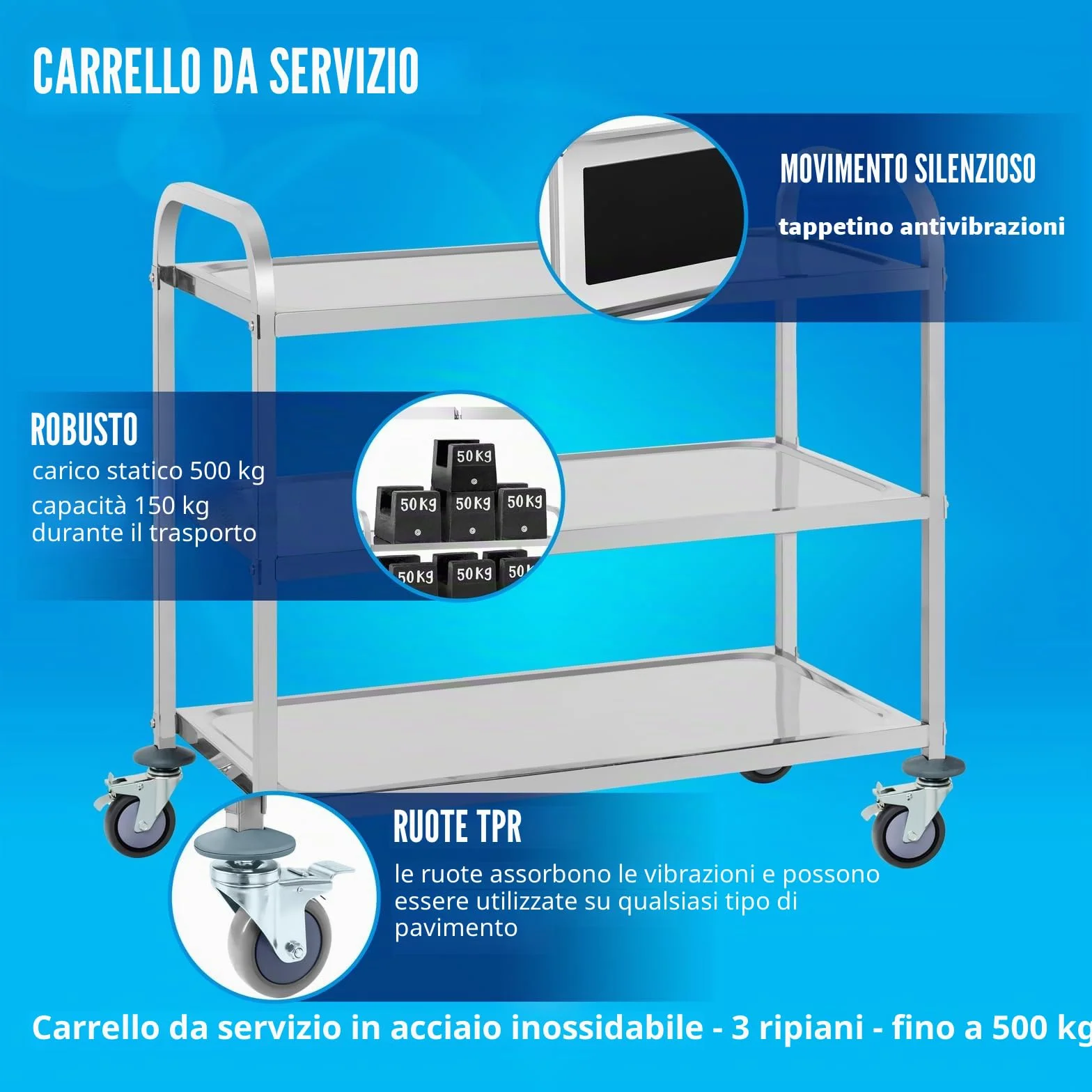 Royal Catering RCSW 3A Carrello Portavivande Carrello di Servizio Carrello Cucina (3 Ripiani, Capacità di Carico 150 kg, Distanza tra i Vassoi 28,3 cm, Protezione Anti-Urto) Acciaio Inox