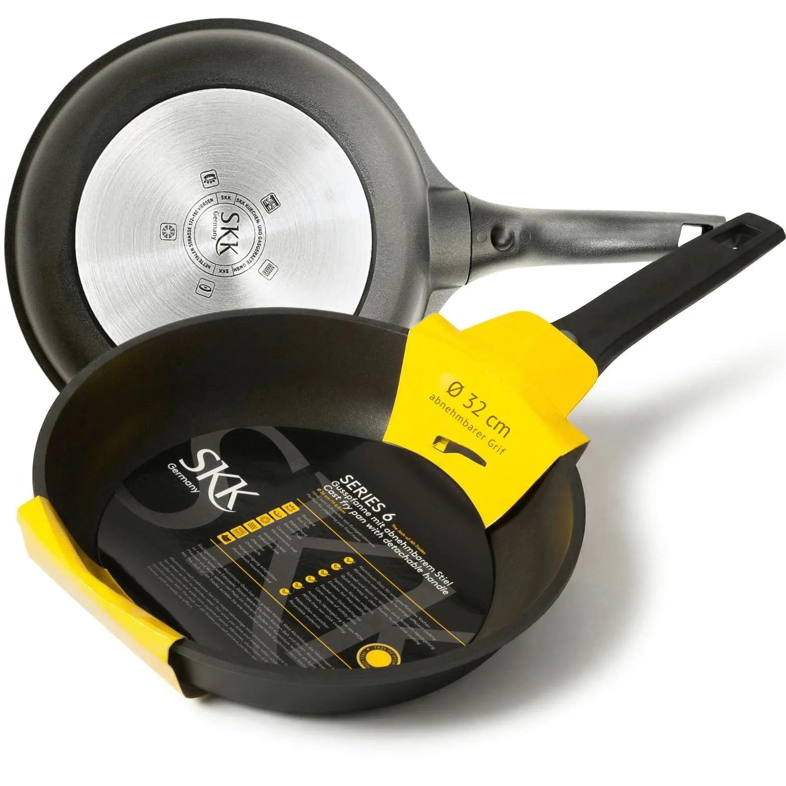 skk 14432 Serie 6 Plus - Padella in ghisa, adatta a piani cottura a induzione, manico rimovibile, in alluminio pressofuso, per cottura a induzione, in alluminio pressofuso, rivestimento antiaderente