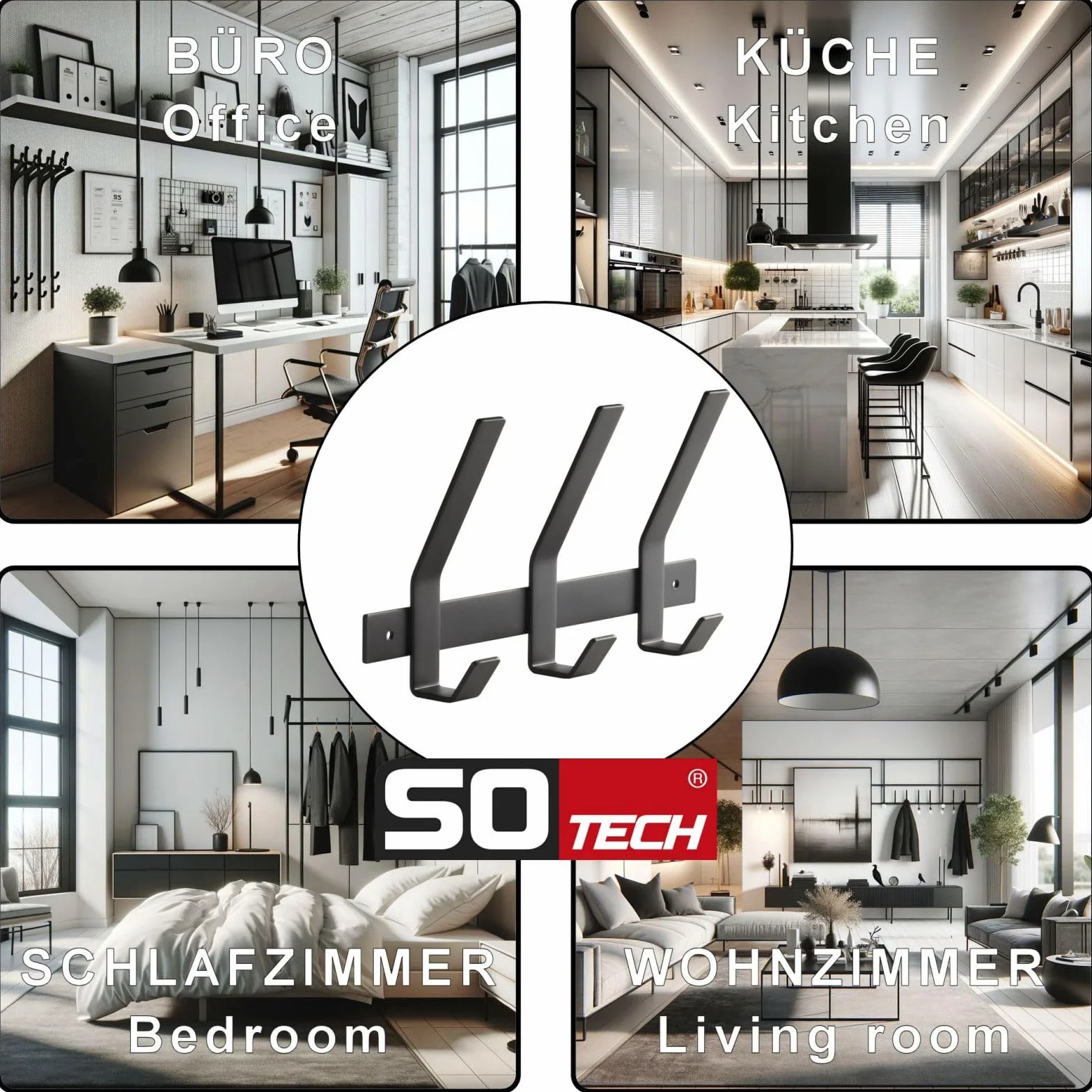 SOTECH Blackline ALBA Binario di aggancio 257 mm 3 ganci nero verniciato a polvere Appendiabiti da parete