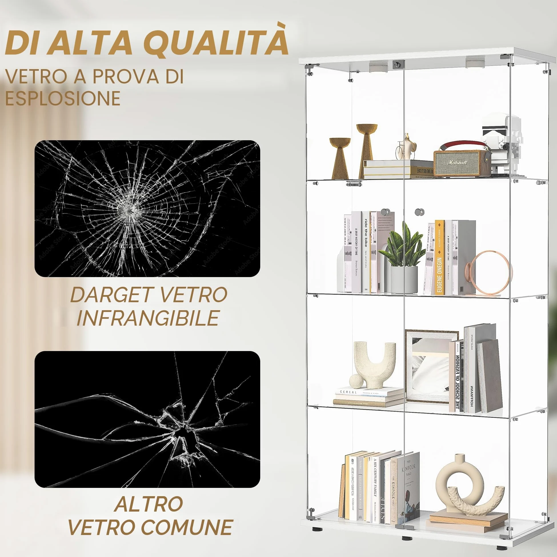 Vetrina in vetro con LED, armadio vetrina da collezione, 2 ante a serratura, 4 ripiani e fondo specchio, 164 x 80,5 x 36,5 cm, bianco