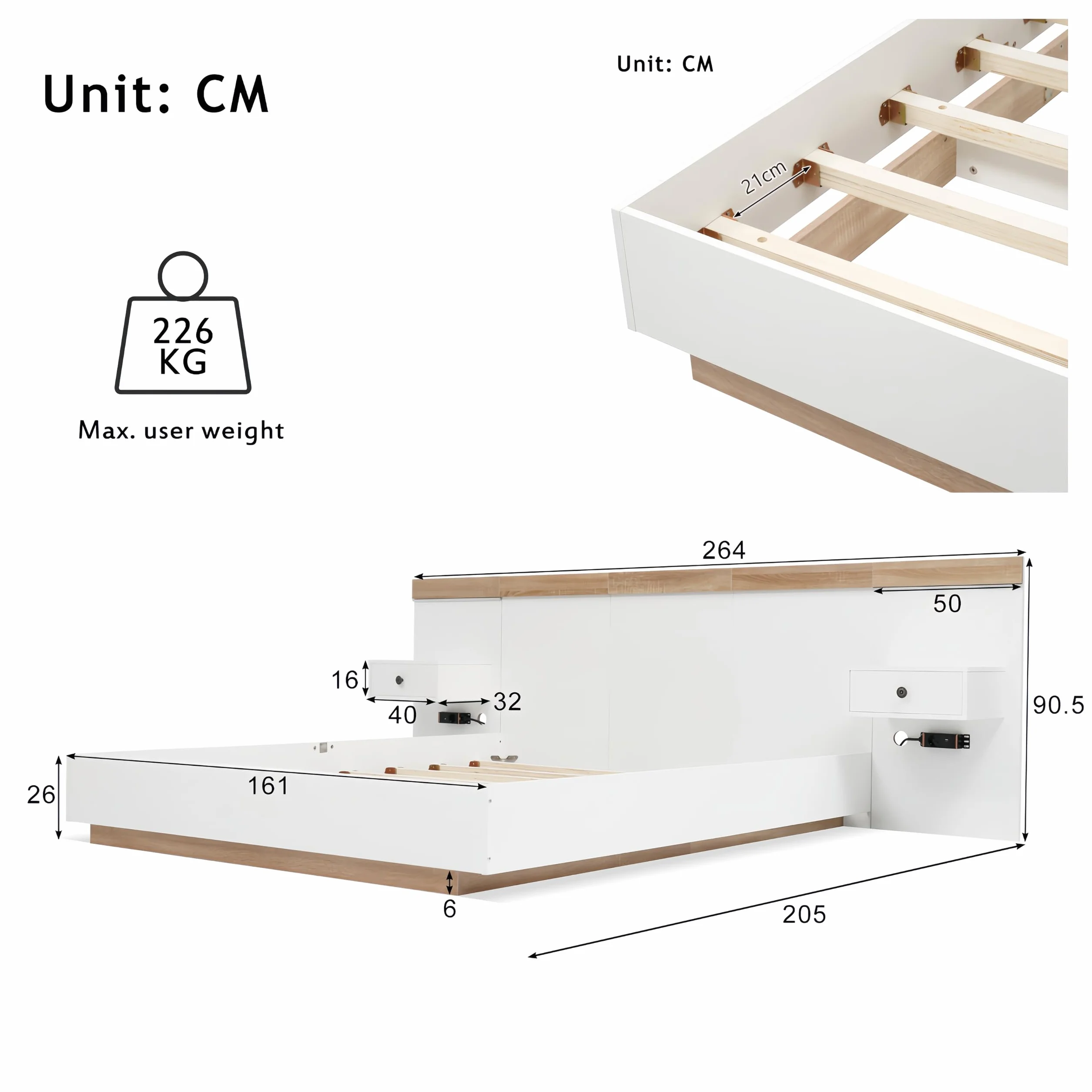Sapgaks Letto 160 x 200 con doghe e testa,letto baule con 2 tavolini da notte a LED e presa USB, letto per 2 persone con stoccaggio, cornice doppia, set in rovere bianco (senza materasso)