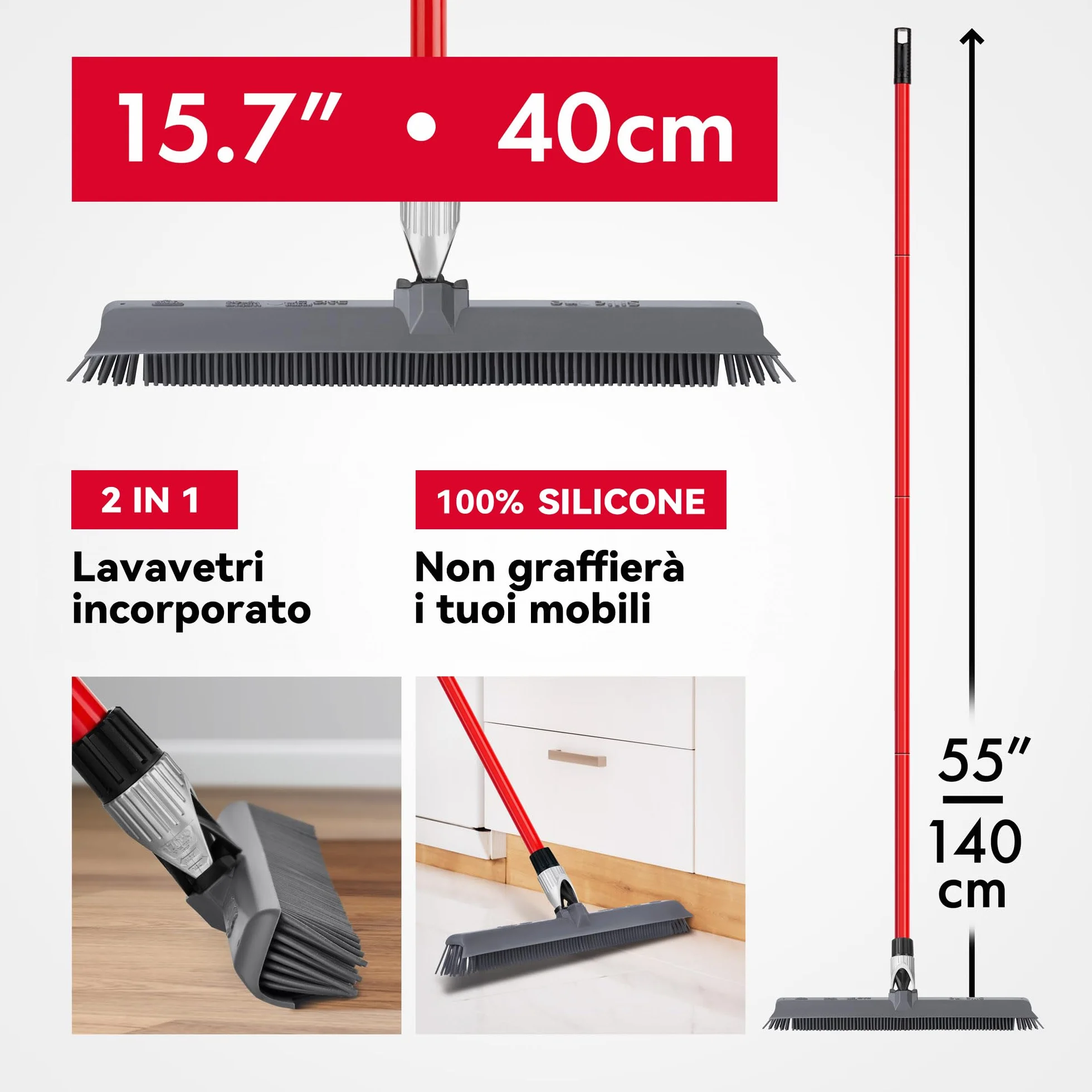 Tyroler 2 in 1 Tira Acqua & Scopa in Silicone per Pavimenti 40 cm Manico Antiruggine 140 cm Acciaio Inox