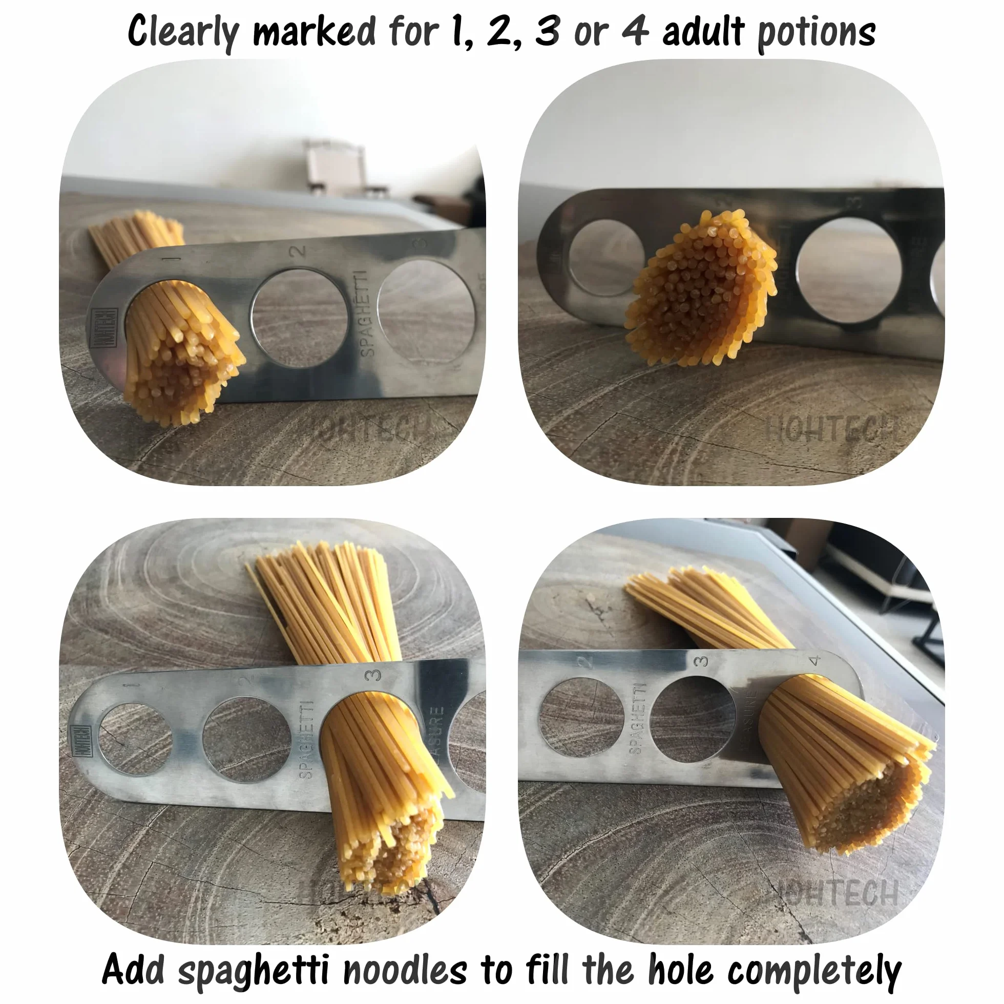 Dosaspaghetti in acciaio inox, per misurare la pasta lunga, utensile da cucina, per spaghetti, con 4 fori di misurazione (misura fino a una porzione per quattro adulti)
