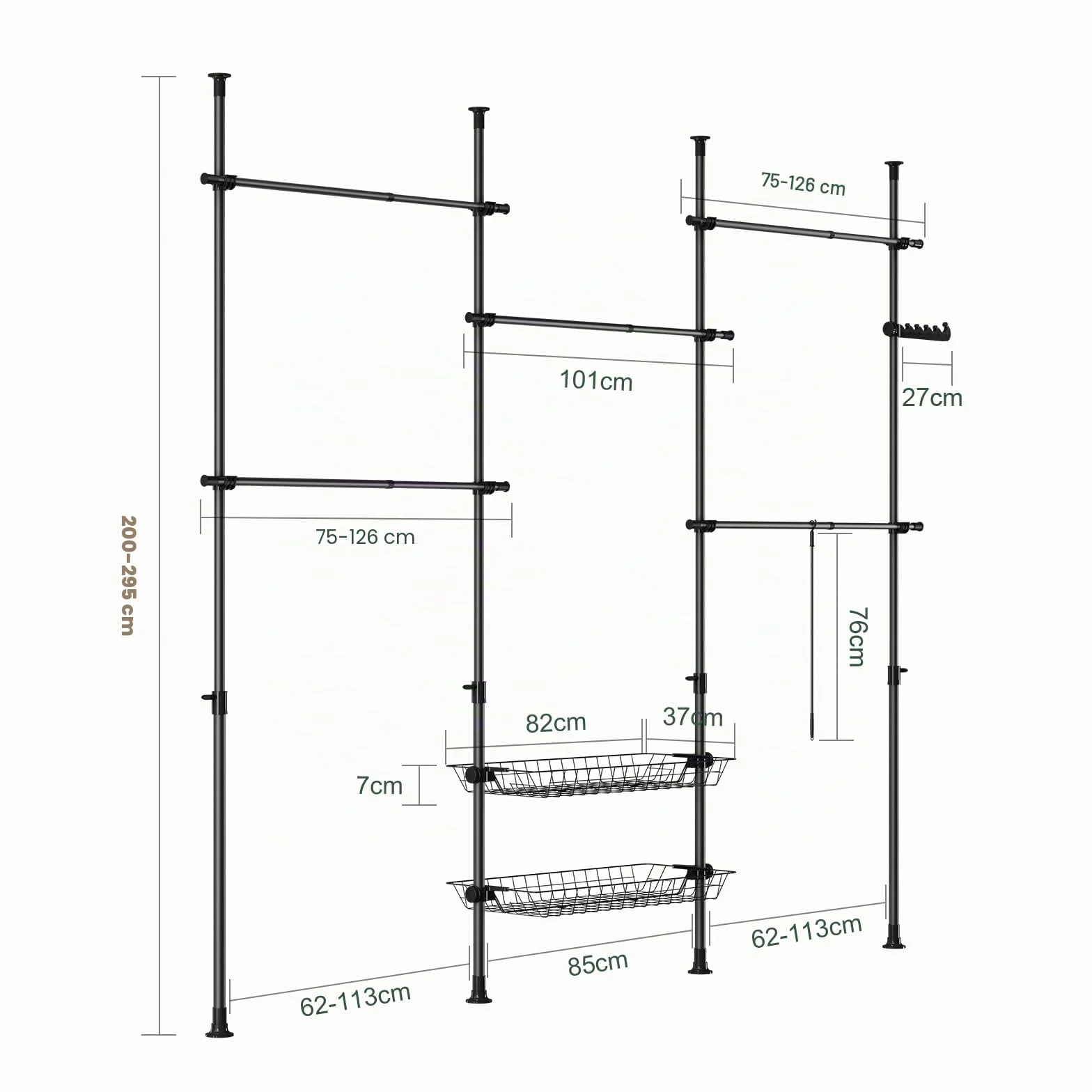 SoBuy Telescopic Appendiabiti da Terra, Robusto Stand Appendiabiti con Aste e Ripiani, Armadio Aperto Regolabile per Camera da Letto, Porta Abiti Nero KLS04-II-SCH