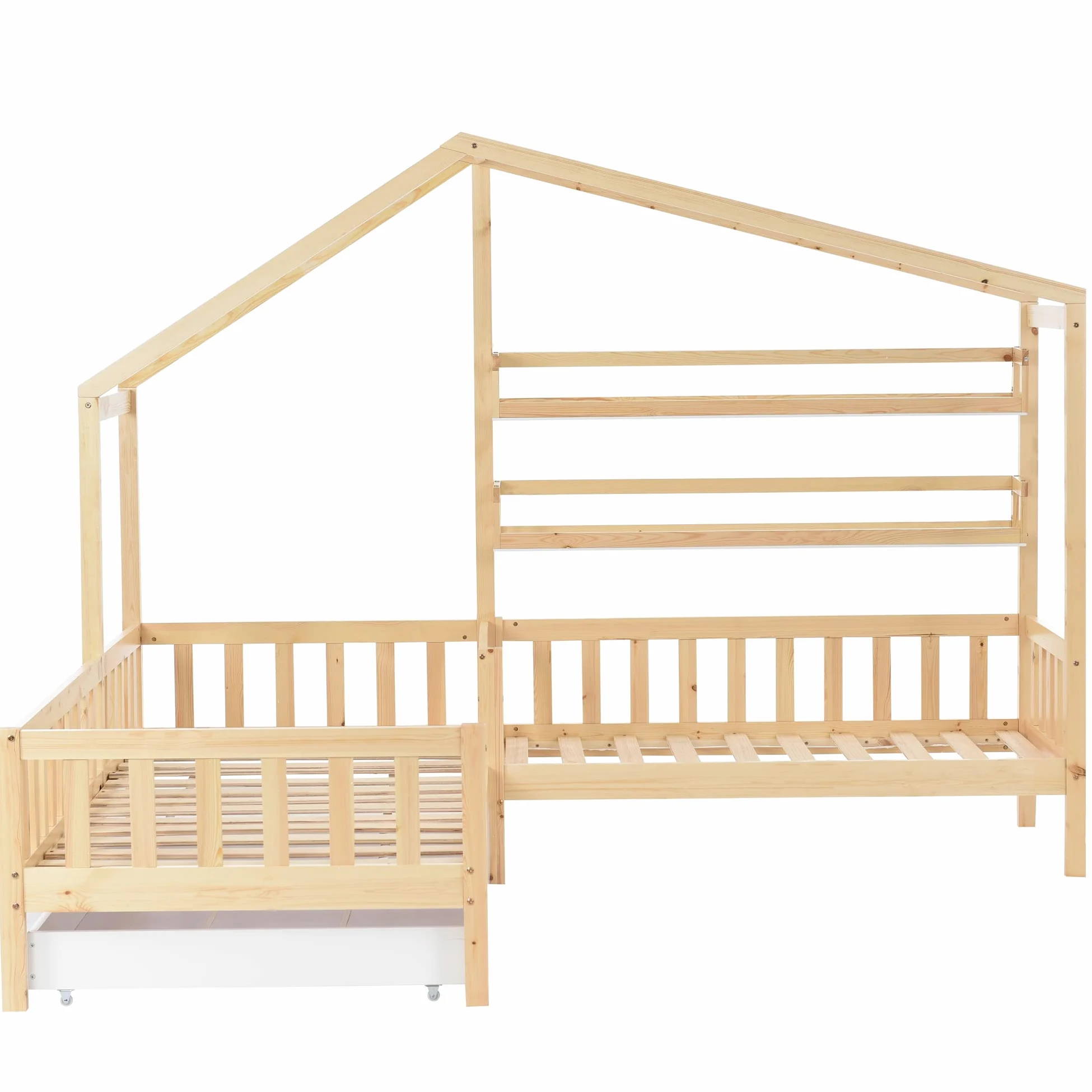 Letto a Forma di Casa per 2 Bambini 90x200 cm E 140x70 cm, Letto Matrimoniale con Cassetti e Ripiani, Legno Massello con Rete e doghe, Struttura a L, per Ragazzi e Ragazze, Naturale