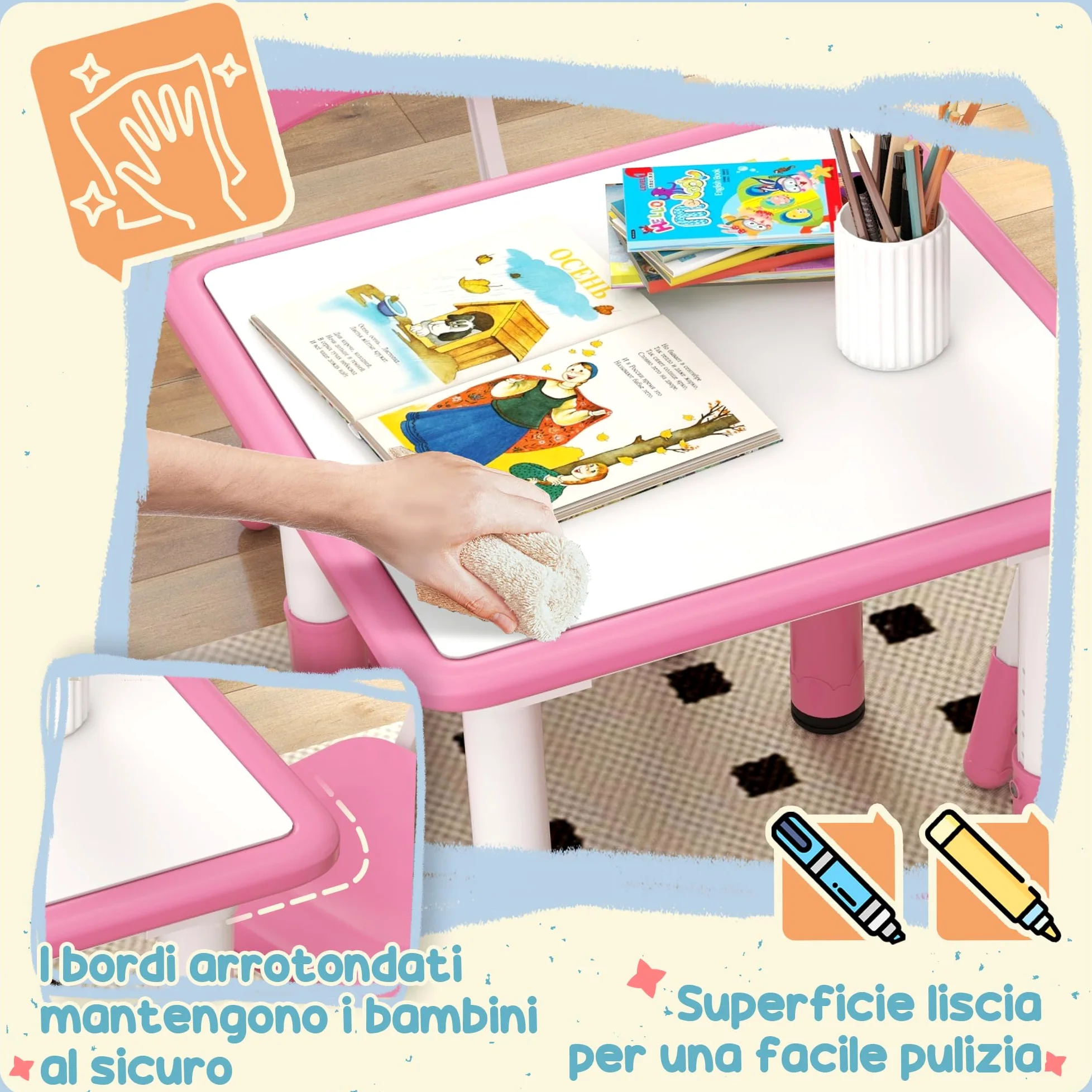 AIYAPLAY Set Tavolino e Sedie per Bambini 18-60 Mesi, Design Salvaspazio, Altezza Regolabile, Tavolo per Bambini con Lavagna per Cameretta, in Legno e PP, per 4 Bambini, Rosa