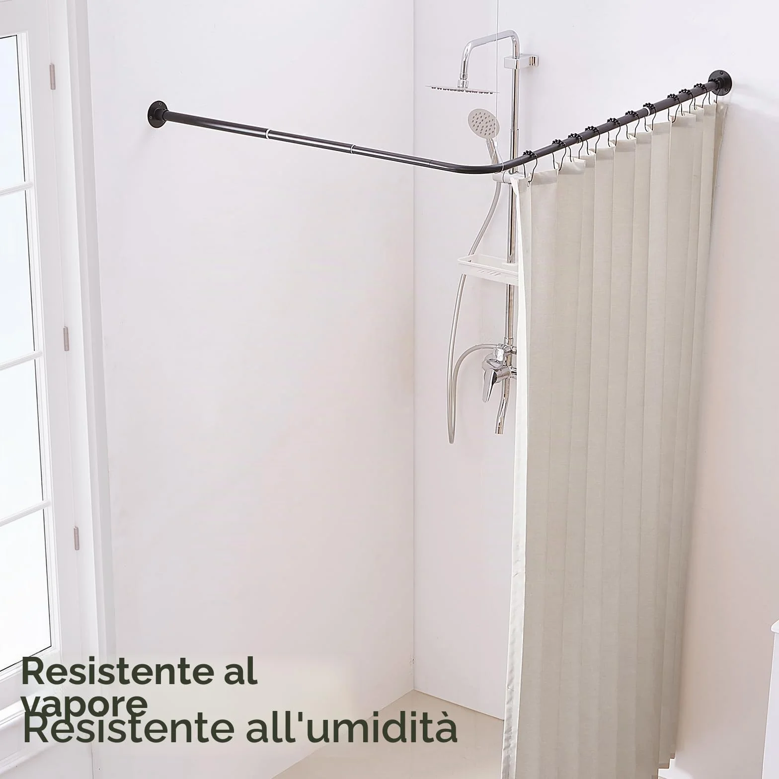 Bastone Tenda Doccia Angolare a L Regolabile 62-121cm x 62-121cm Nero Opaco