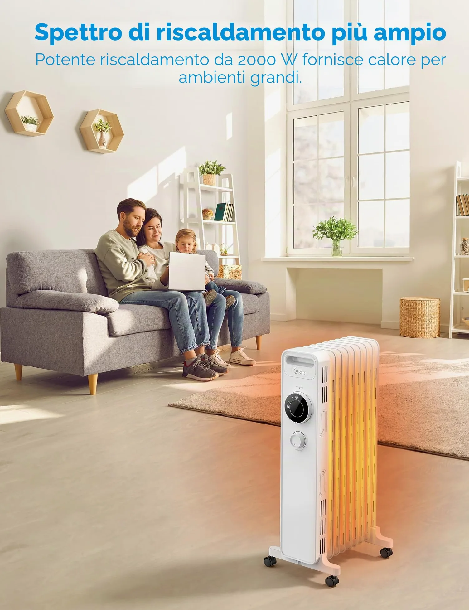 Midea NY2009-22M Radiatore ad olio 2000 W, termoventilatore a risparmio energetico, silenzioso, radiatore a 9 costole, termostato regolabile, 3 livelli di riscaldamento, protezione antigelo, display