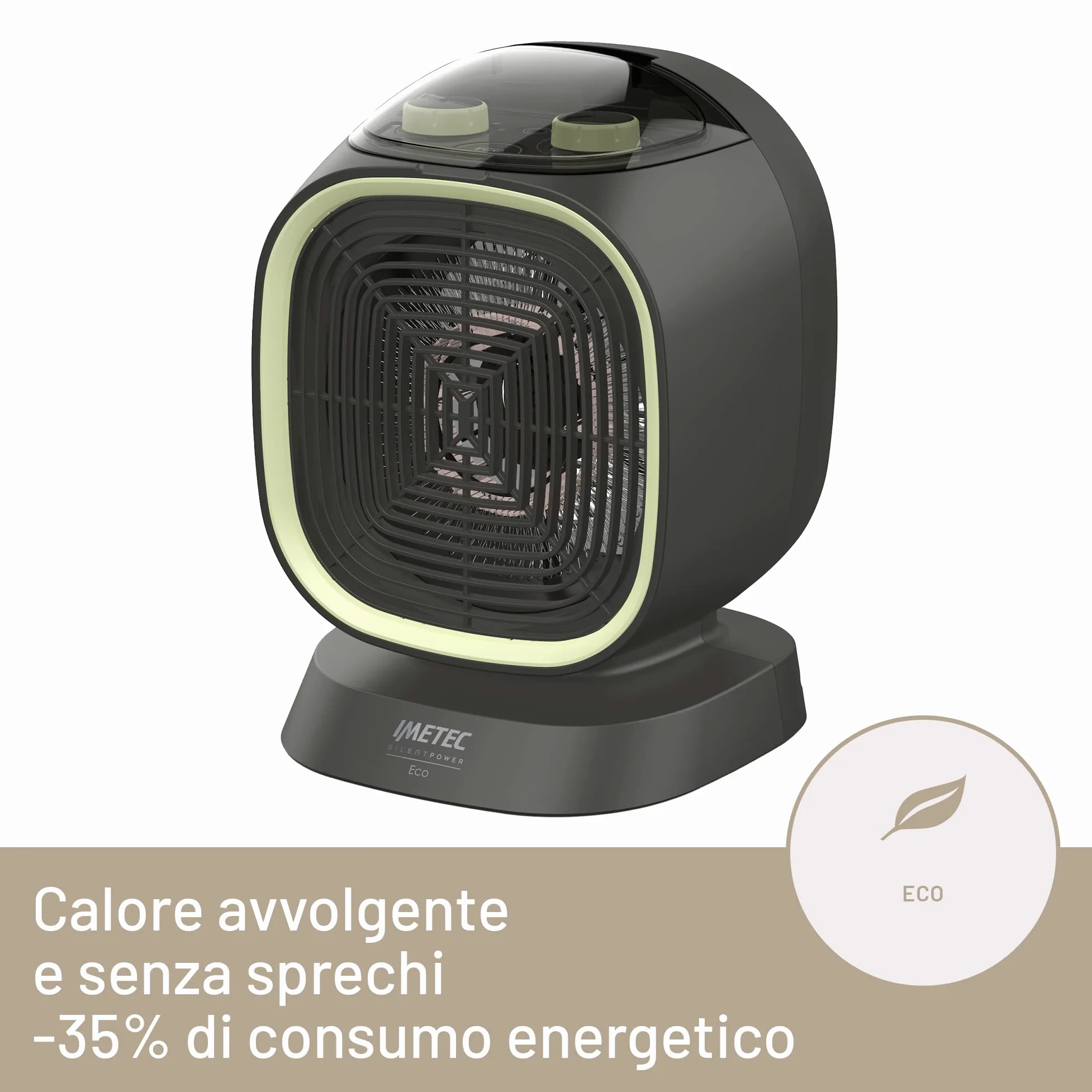 Imetec Silent Power Eco – Termoventilatore silenzioso 2100W | Tecnologia ECO -35% consumo energetico | Funzione antigelo | 4 funzioni | Termostato ambiente