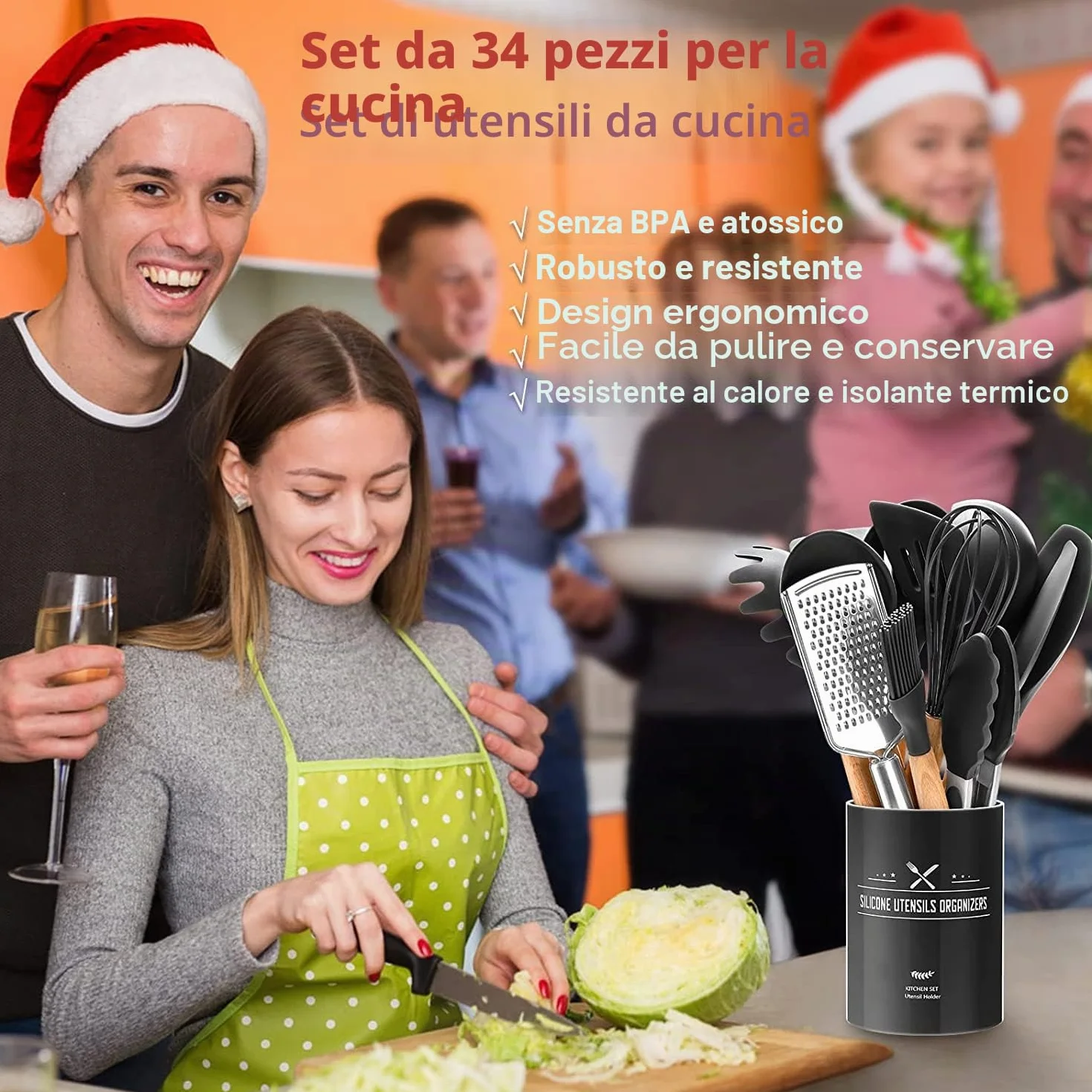 Set di 34 utensili da cucina in silicone, resistenti al calore, con manici in acciaio inossidabile di alta qualità, per cucinare e cuocere, spatole antiaderenti, utensili da cucina (nero)
