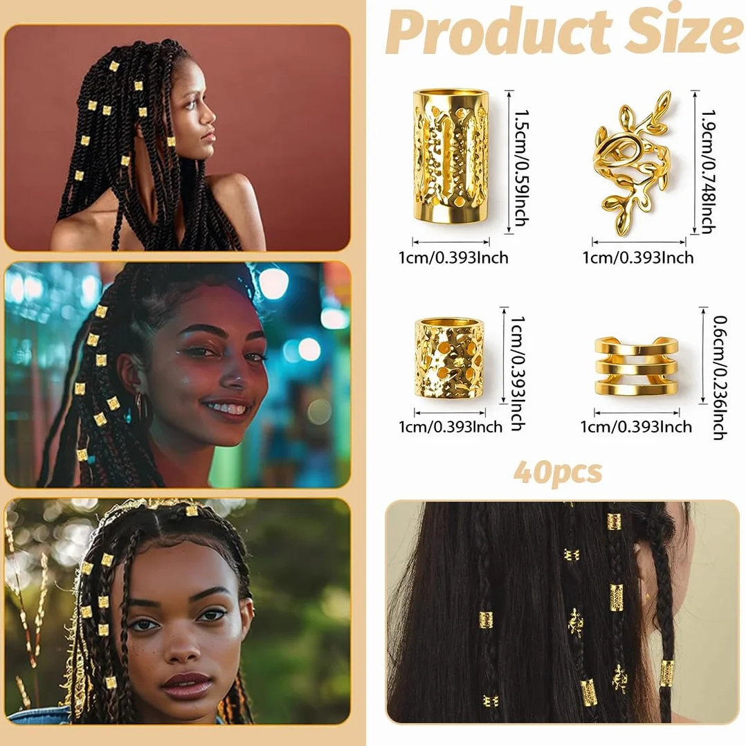 BAUCH Anellini Metallici Oro per Dreadlocks, Accessori Capelli Vichinghi e Pirati, Spirali Regolabili 40 Pezzi