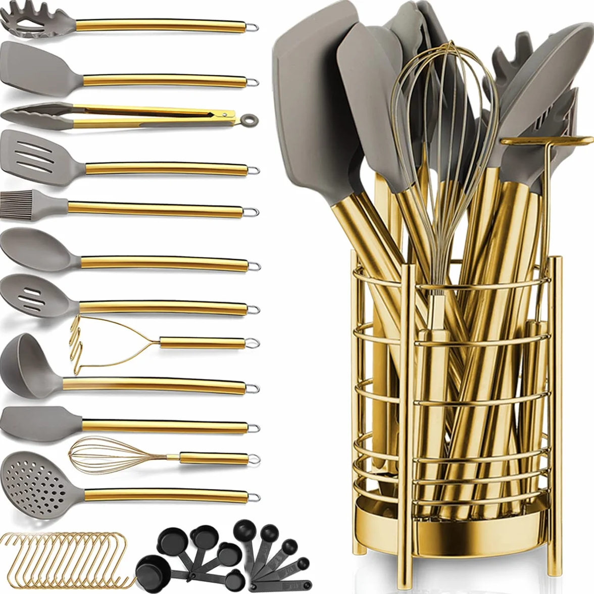 Berglander Set di utensili da cucina dorati 38 pezzi in silicone antiaderente, set di spatole a cucchiaio con robusto supporto per utensili in acciaio inossidabile
