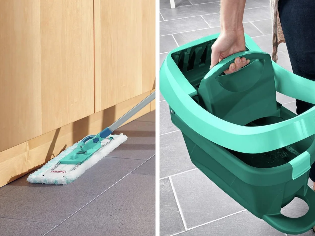 Leifheit Pressa Profi XL Set lavapavimenti, Mop lavapavimenti con strizzatore incorporato, Mop set con rotazione scopa a 360° e secchio con rotelle