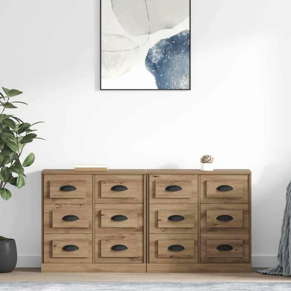 Set di 2 credenze in rovere Artisan, 70 x 35,5 x 67,5 cm, con cassetto, moderno, per soggiorno, spazio e ordine in sala da pranzo, corridoio, camera da letto