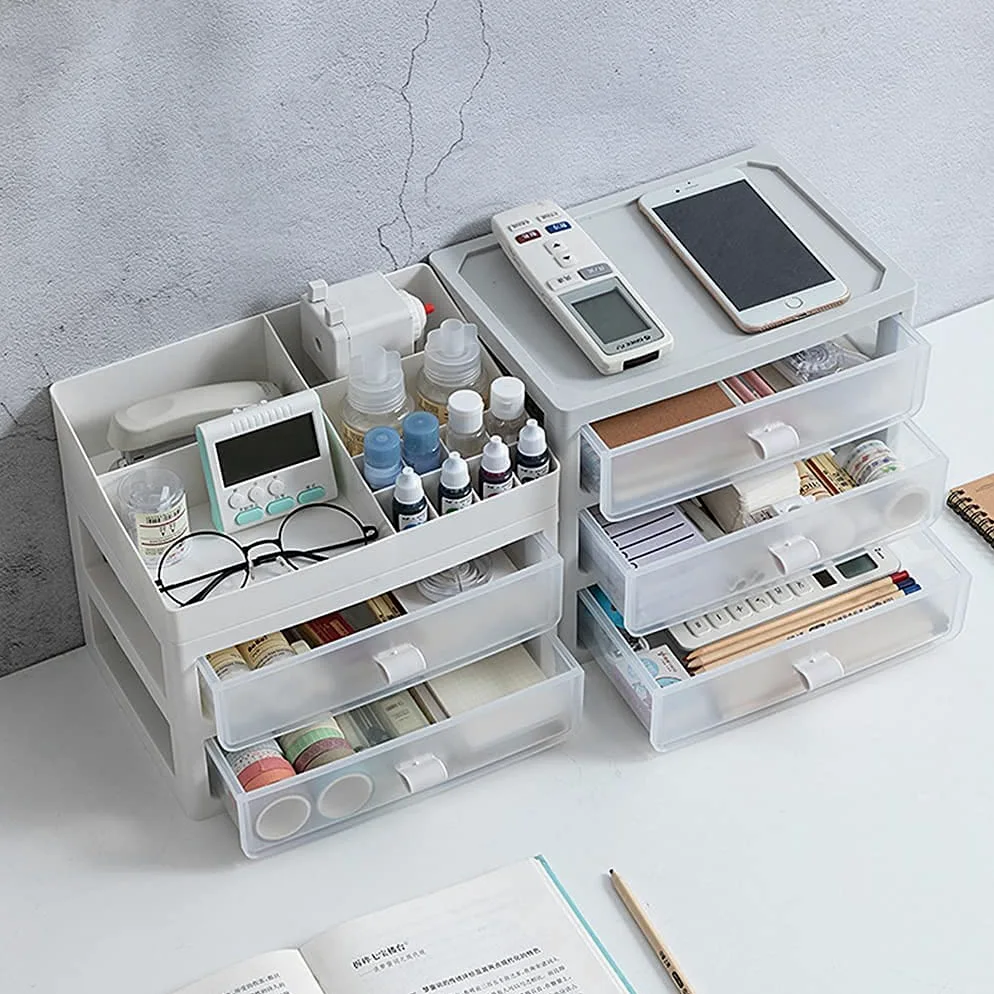 Mini organizer per cassetti portaoggetti in plastica rosa, per scrivania, bagno, ufficio, multifunzione, con cassetti impilabili per accessori da trucco, design compatto ed elegante, 26 x 18 x 29 cm