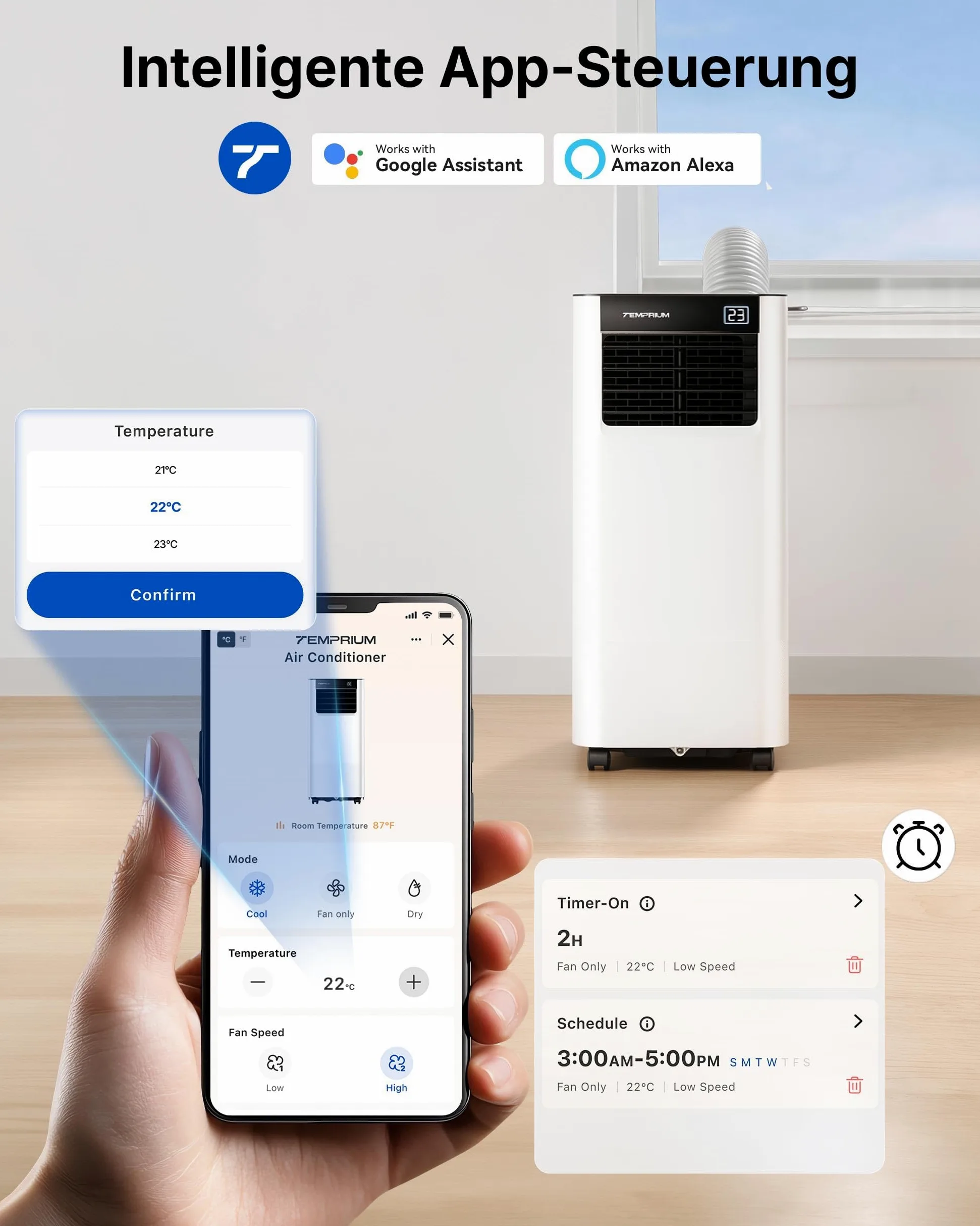 Condizionatore Portatile 9000 BTU, Temprium Climatizzatore Portatile 3-in-1, Controllo tramite App/Telecomando, Kit di Tenuta per Finestra, Timer 24H, Funzionamento Silenzioso <48 dB, Copertura 25 m²