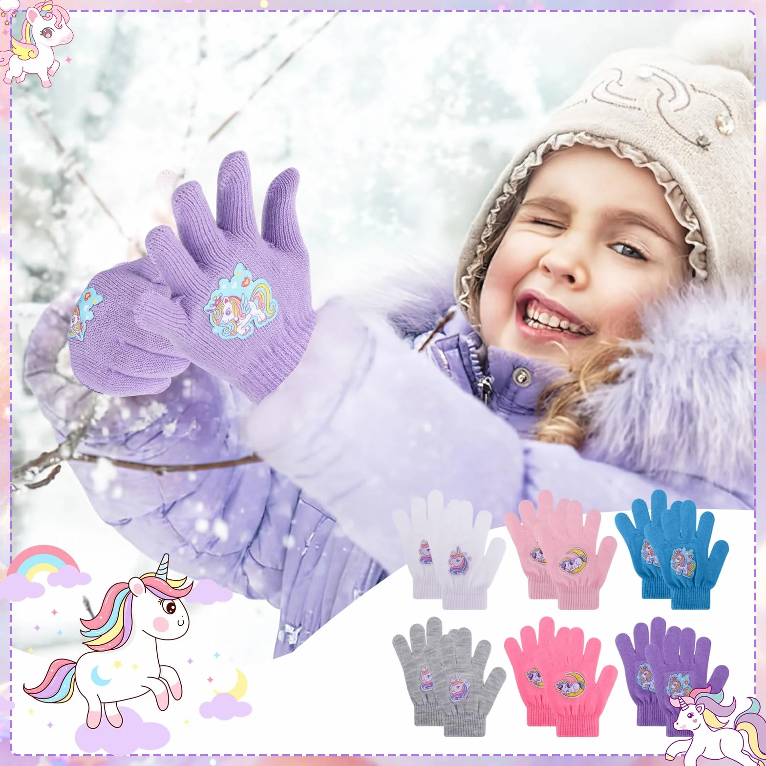 Guanti Unicorno per Bambini QKURT Magici Lavorati a Maglia 4-12 Anni