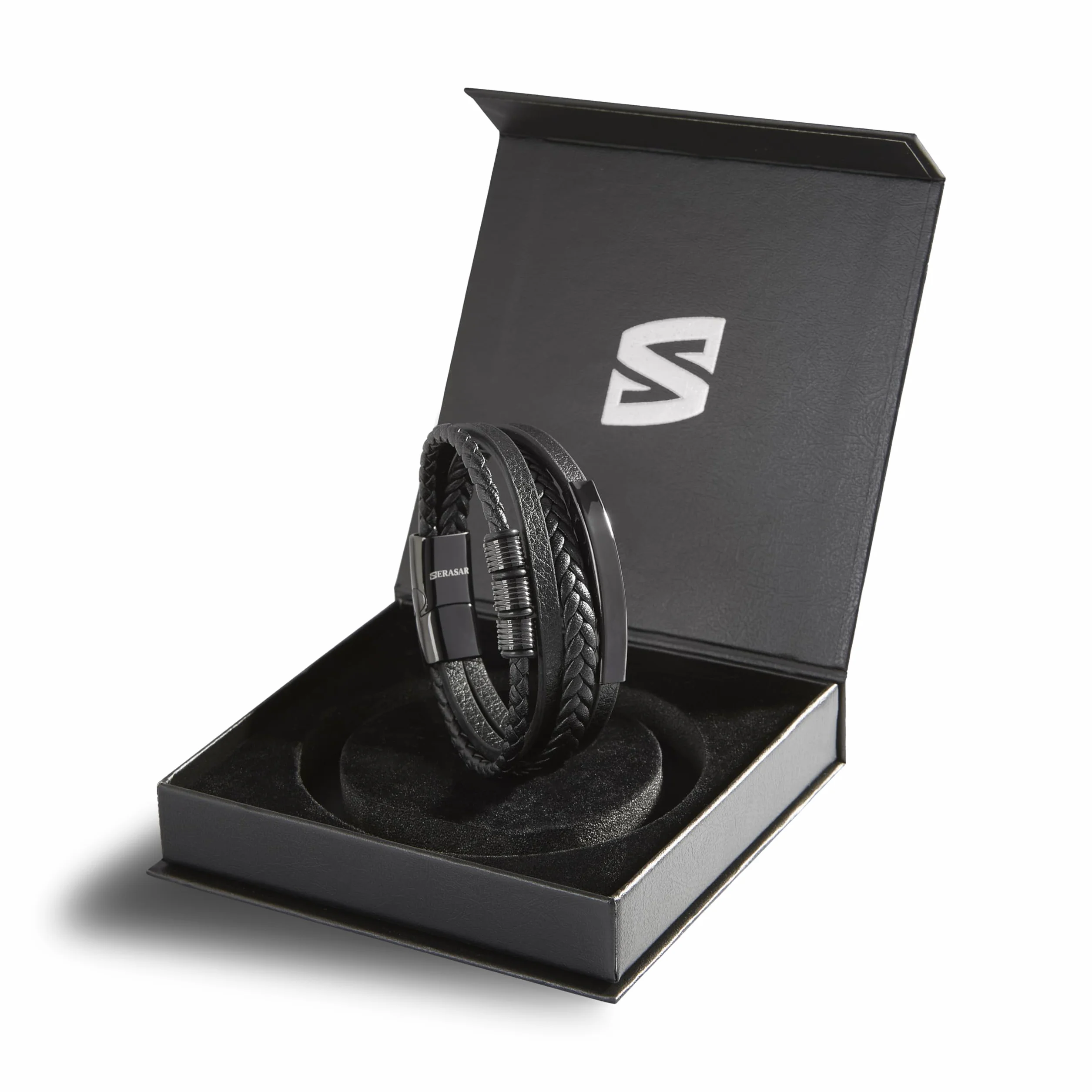 SERASAR Bracciale da uomo in pelle nero argento oro chiusura magnetica acciaio inox con scatola regalo
